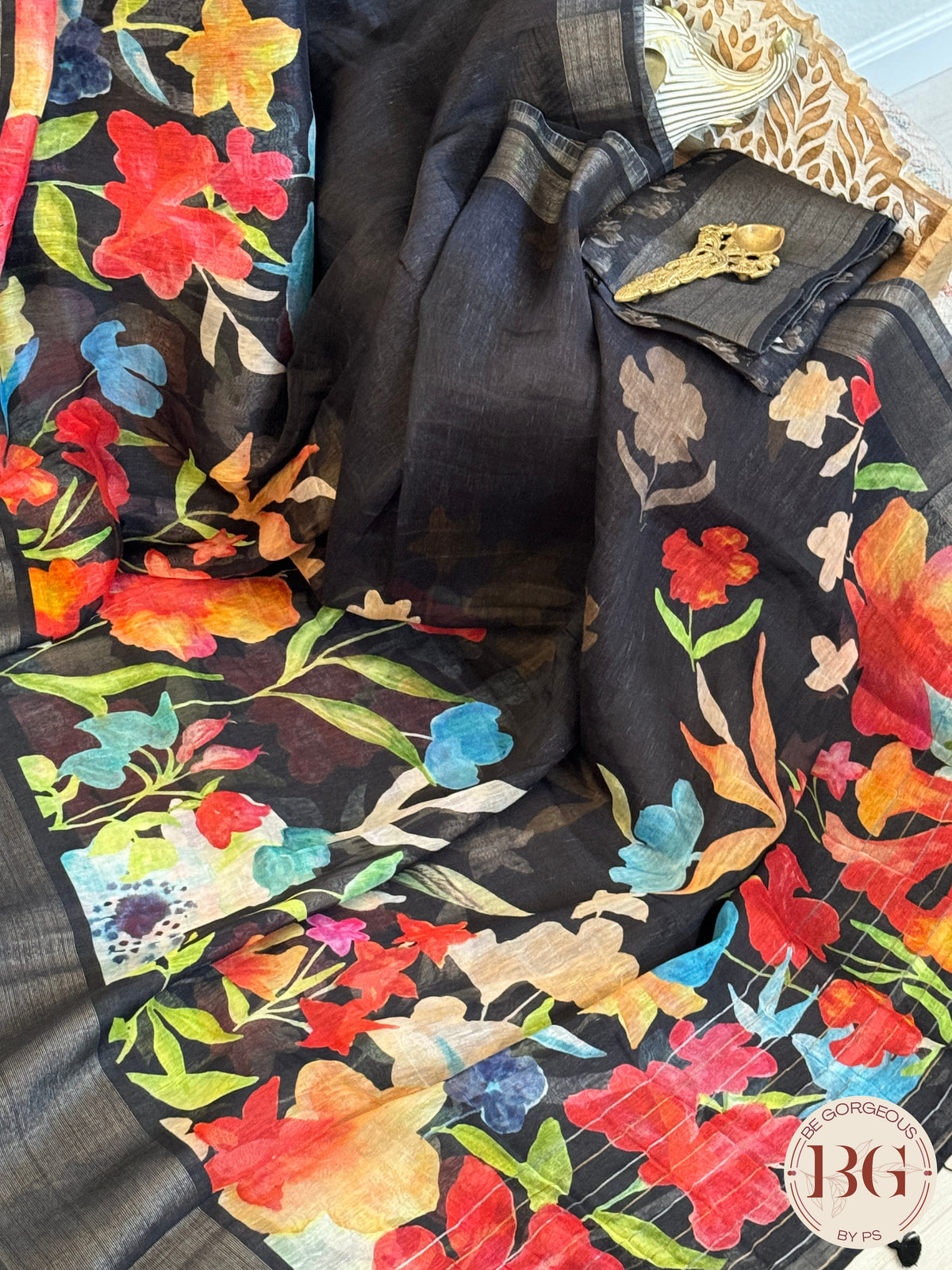 Linen Floral printed saree - Black