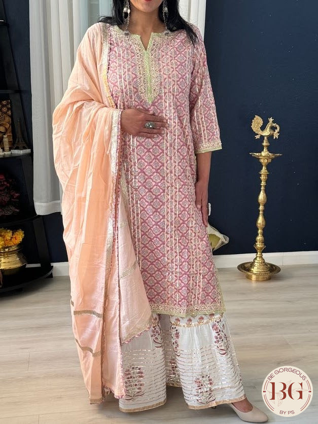 Cotton garara set in peach pink color with gota work