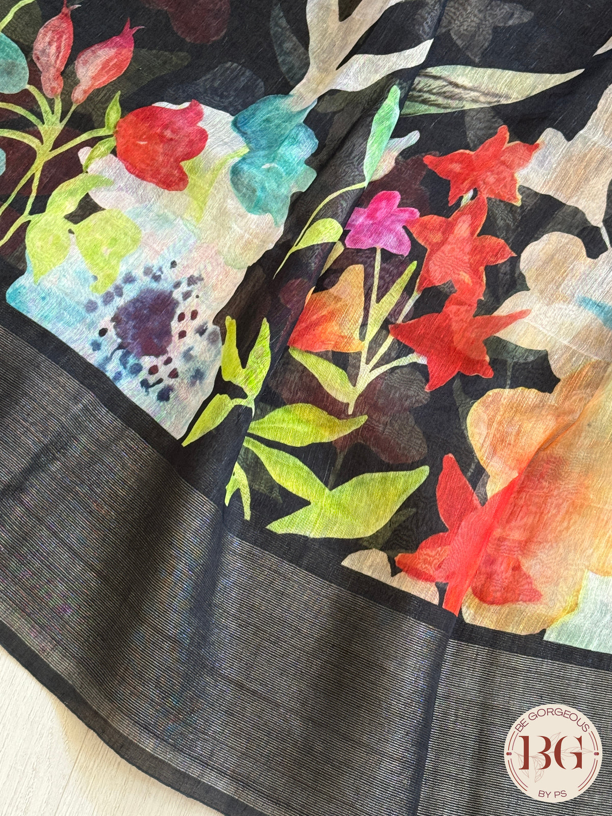 Linen Floral printed saree - Black