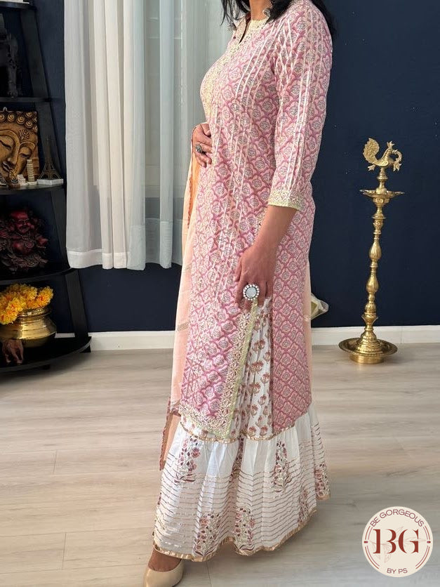 Cotton garara set in peach pink color with gota work