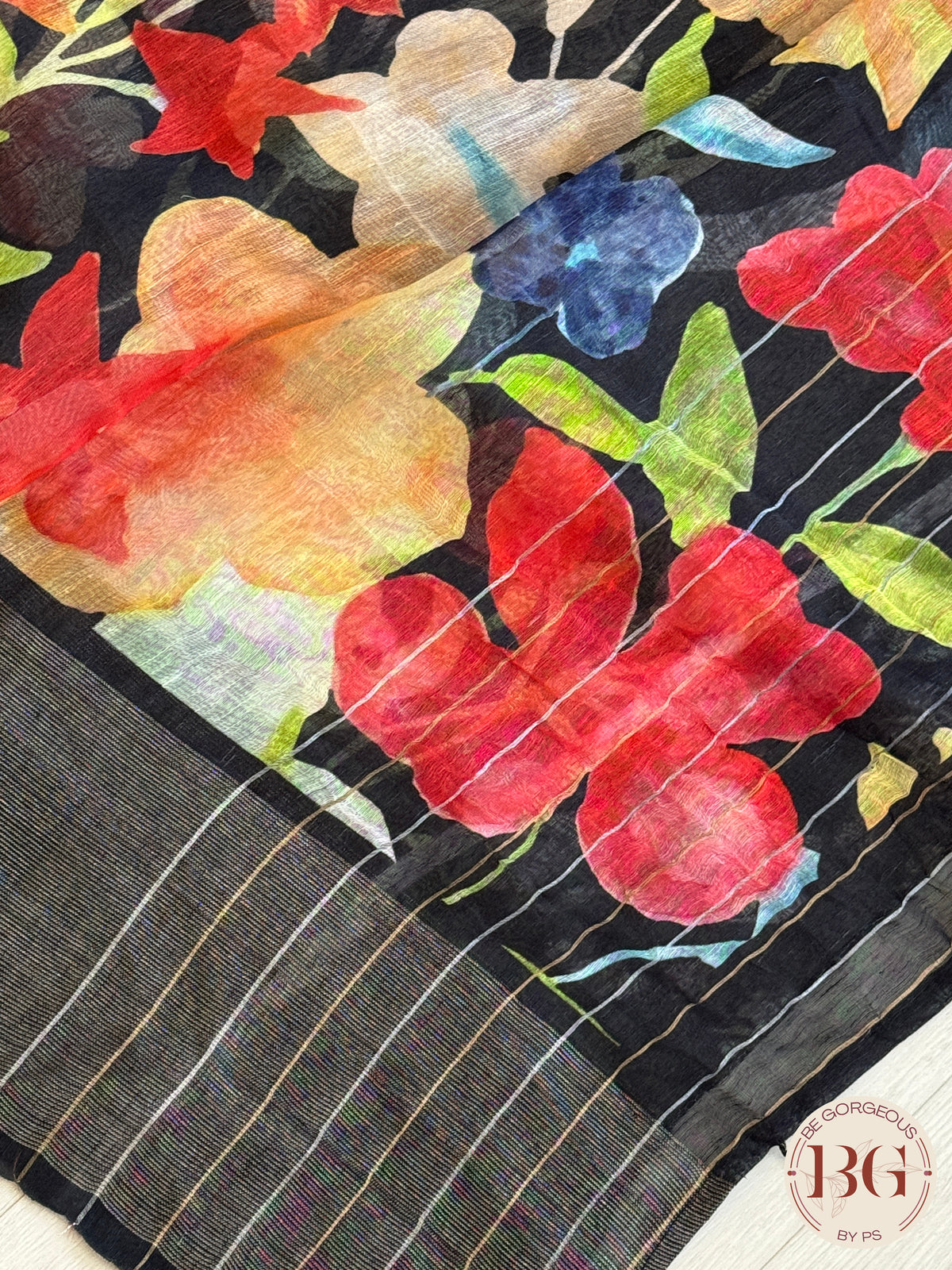 Linen Floral printed saree - Black