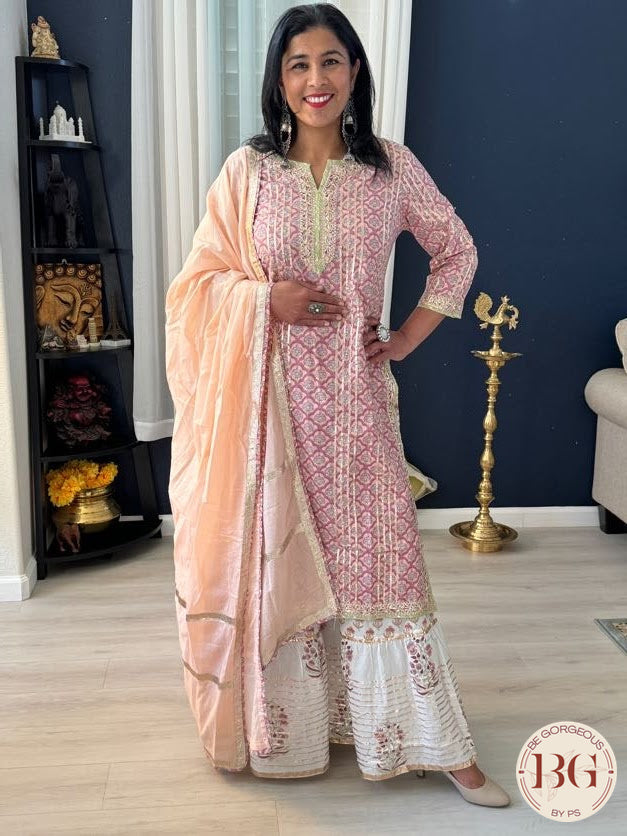 Cotton garara set in peach pink color with gota work