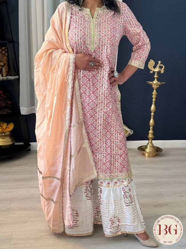 Cotton garara set in peach pink color with gota work