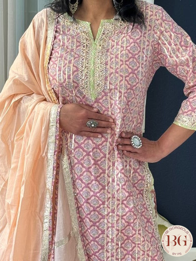 Cotton garara set in peach pink color with gota work