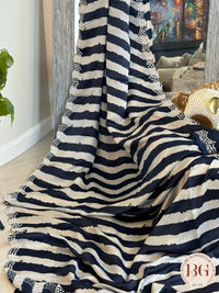 Satin saree with stripes and mirror work - Blue & White