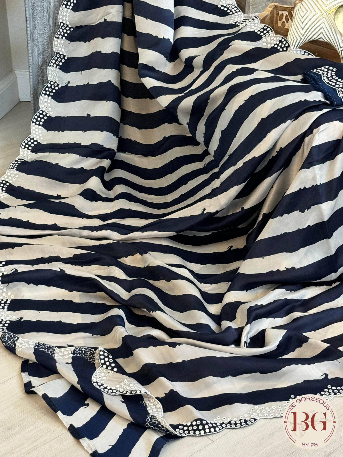Satin saree with stripes and mirror work - Blue & White
