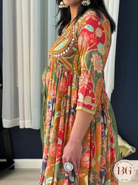 Naira cut dress with front slit. Full size organza dupatta