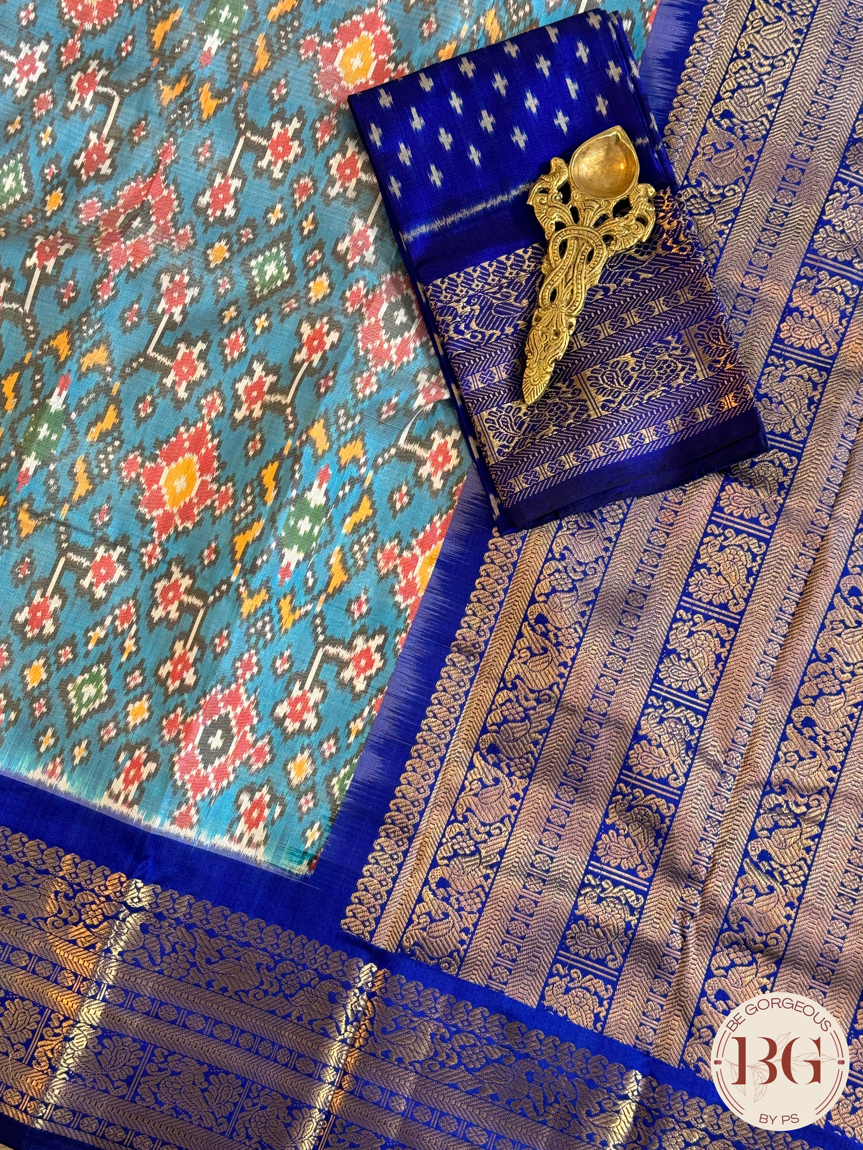 Pochumpally Ikkat Pure silk handloom saree with kanchi border and pallu - Blue