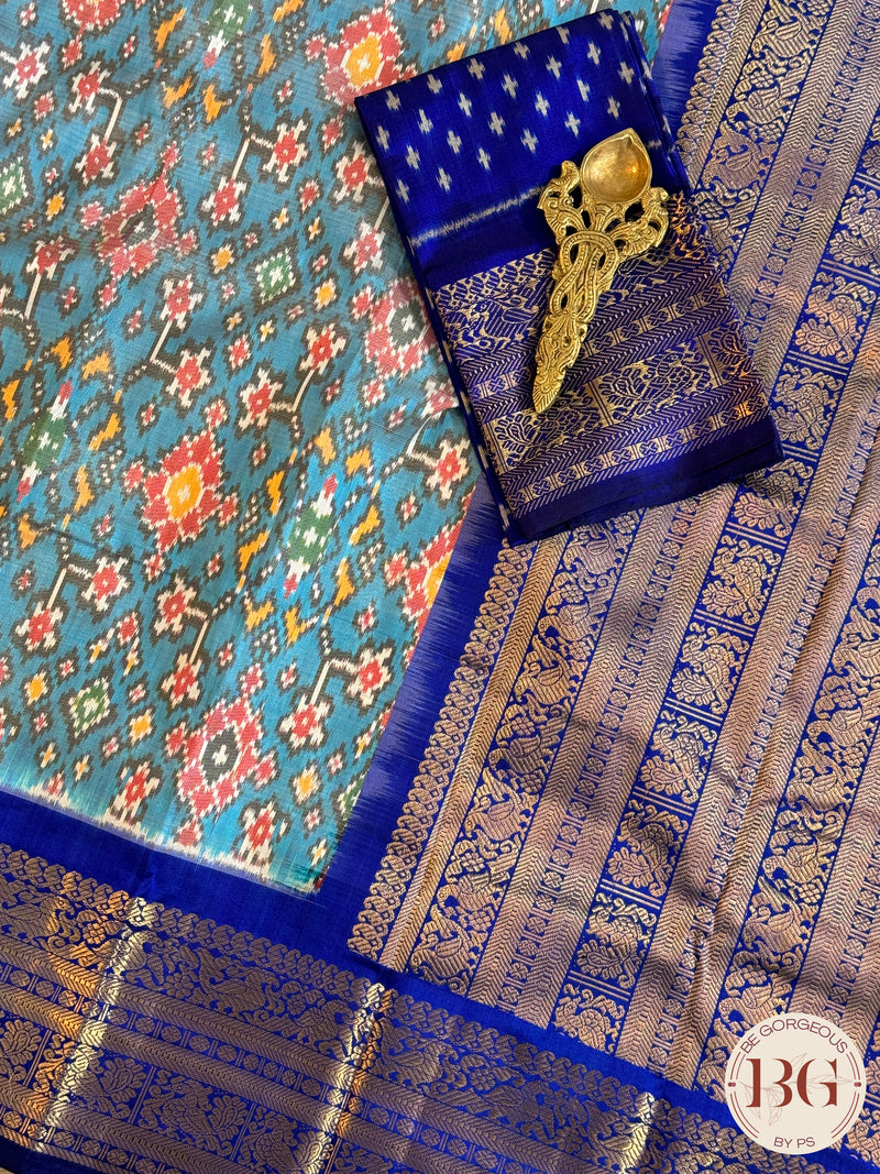 Pochumpally Ikkat Pure silk handloom saree with kanchi border and pallu - Blue