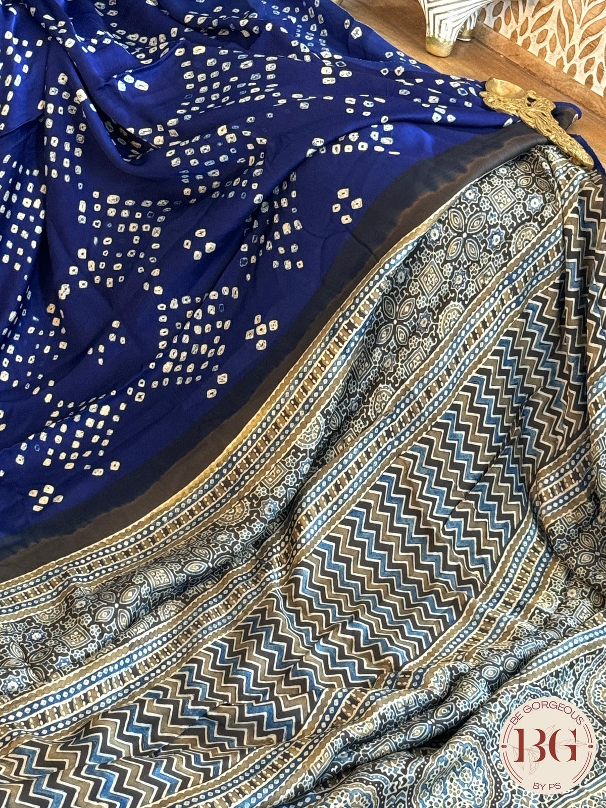 Bandhani saree on modal silk - Blue Color