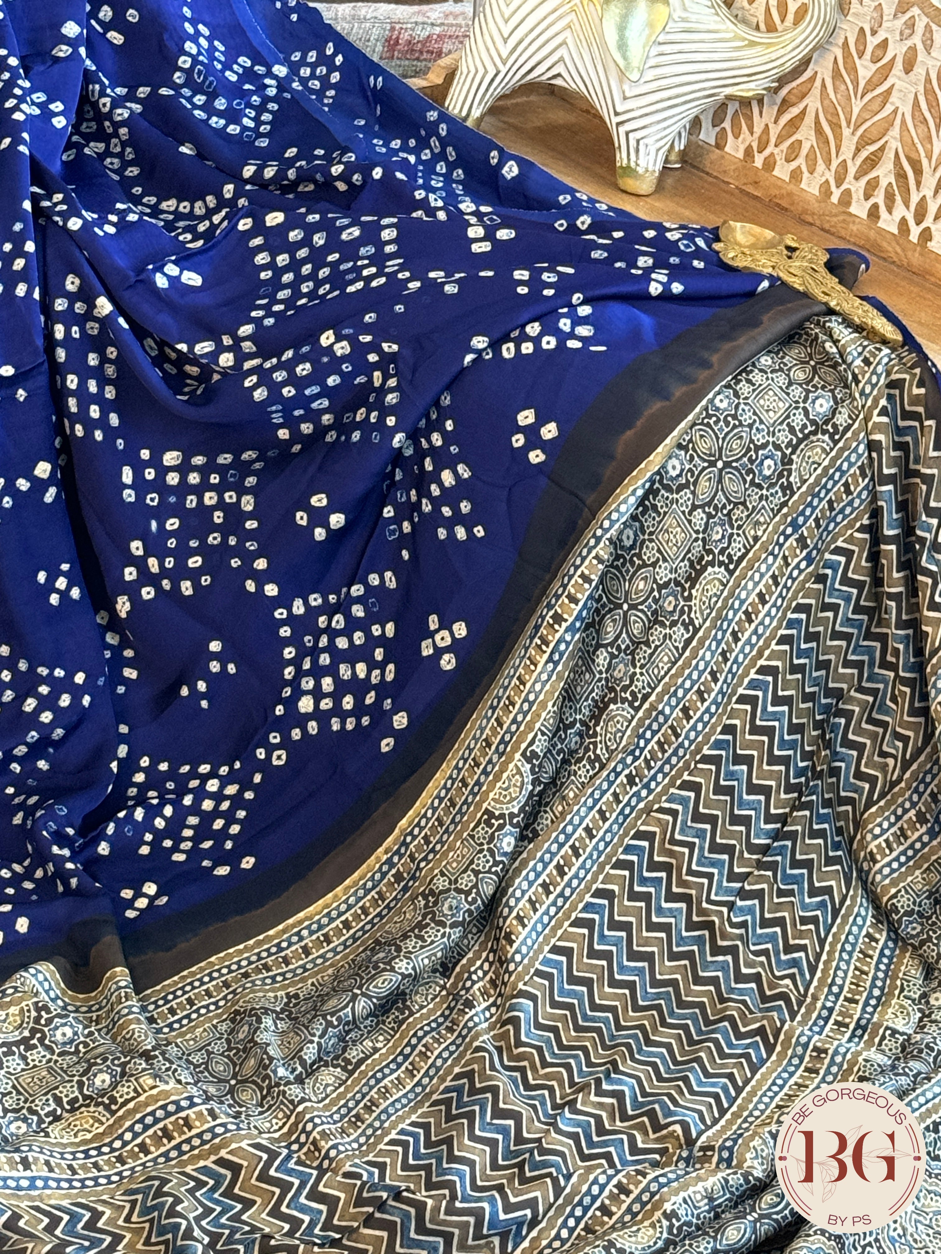 Bandhani saree on modal silk - Blue Color