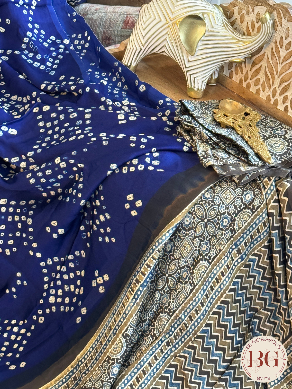 Bandhani saree on modal silk - Blue Color