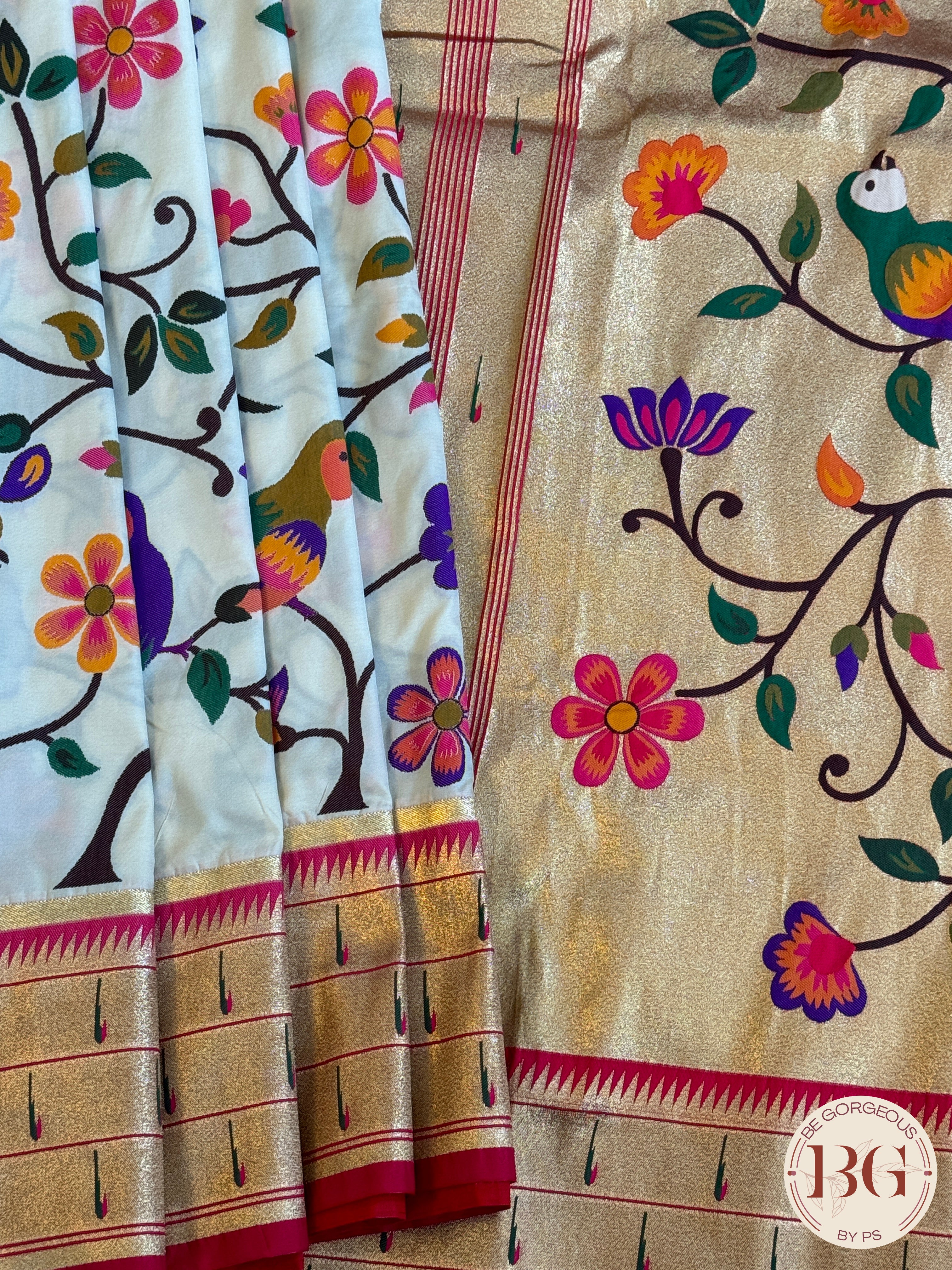 Paithani inspired woven saree on silk - white