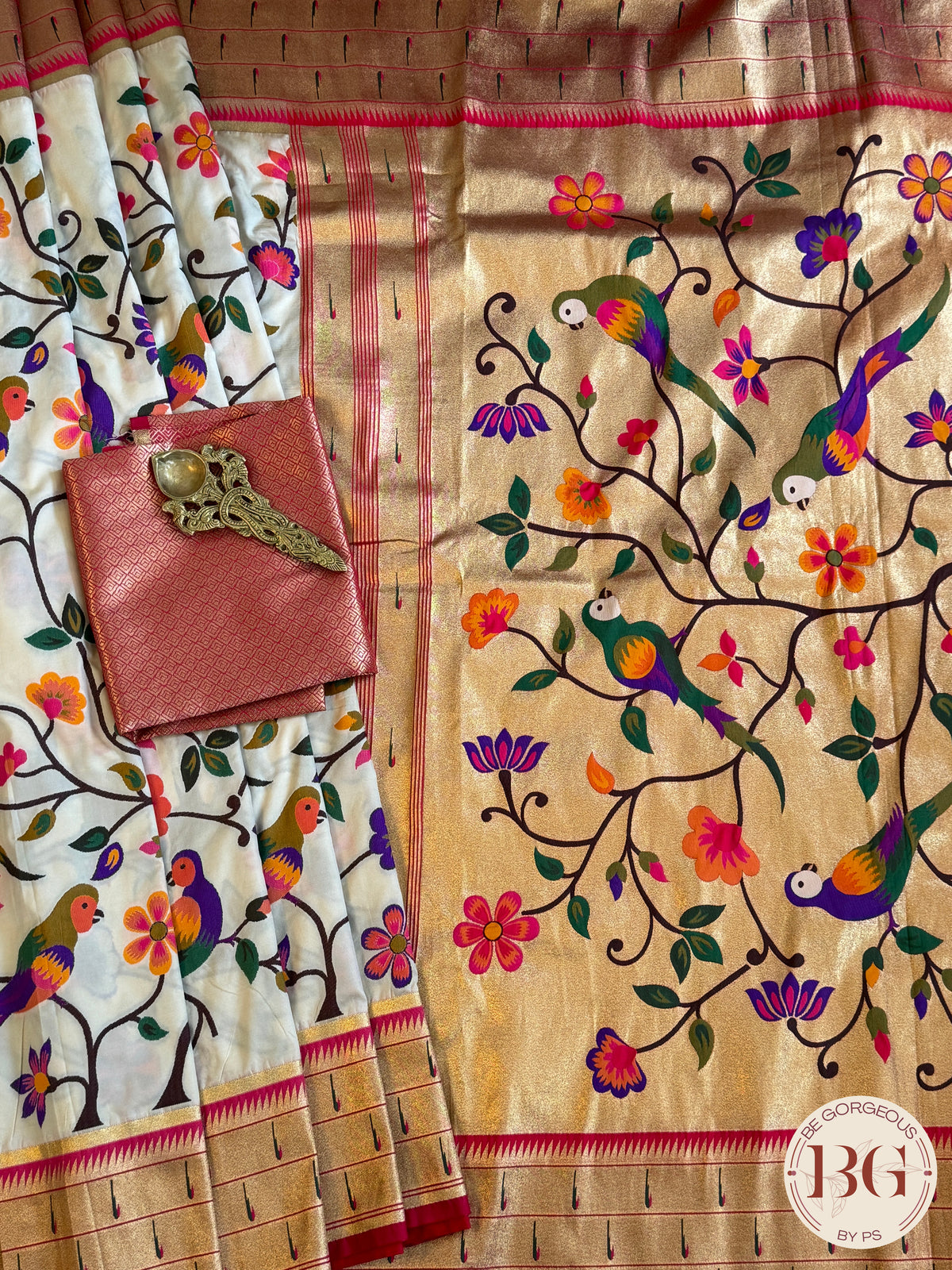 Paithani inspired woven saree on silk - white