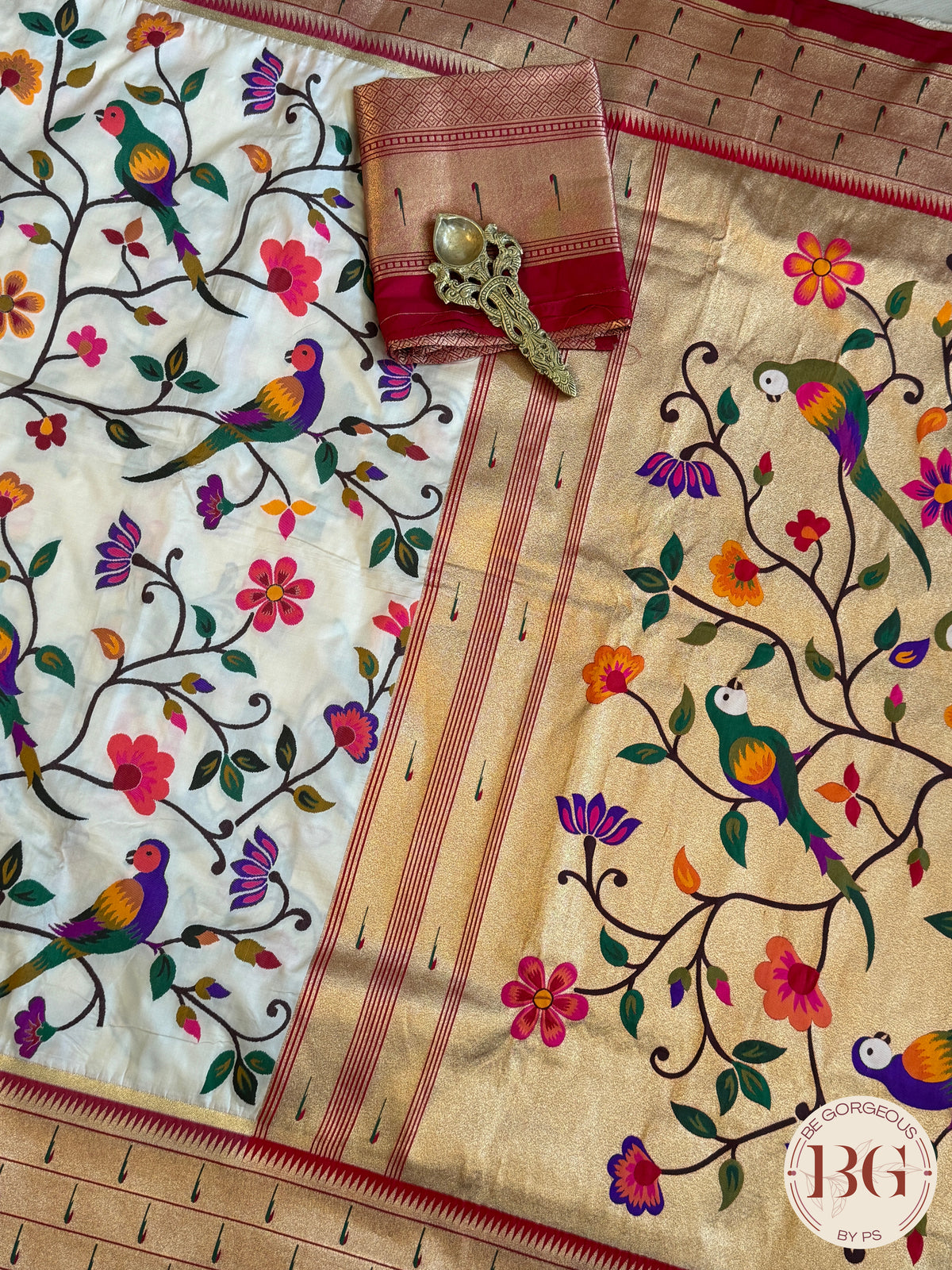 Paithani inspired woven saree on silk - white