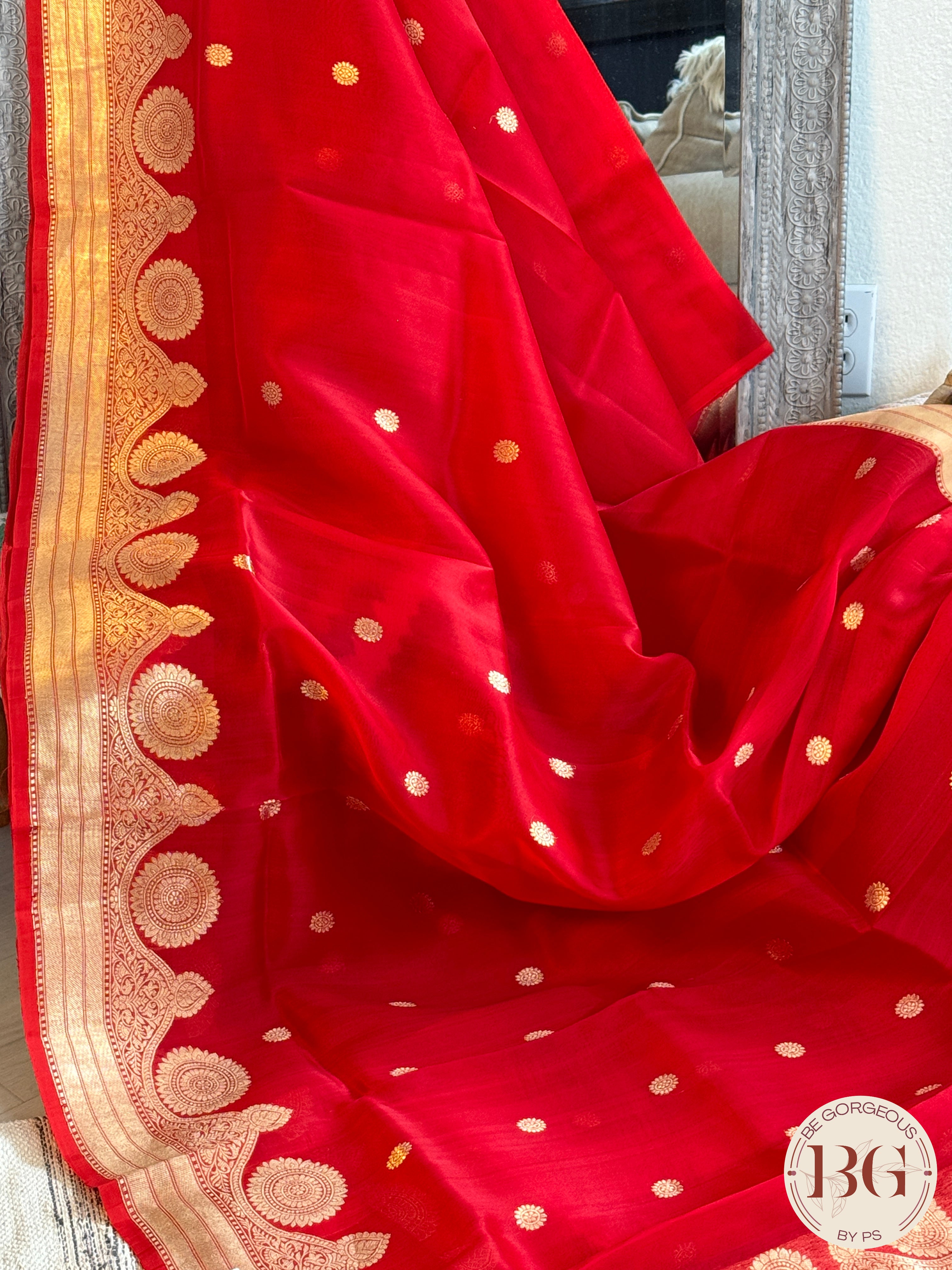 Banarasi Handloom Kora Organza Silk Saree - Silk mark certfied - Red