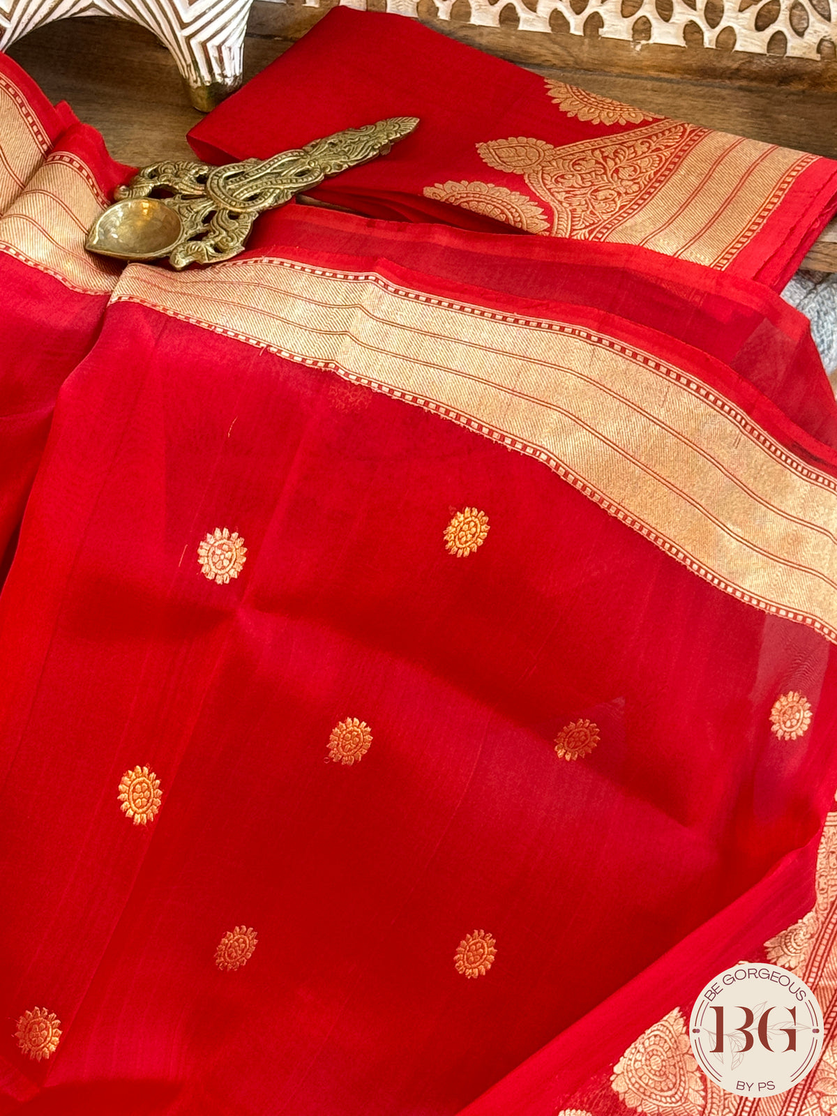 Banarasi Handloom Kora Organza Silk Saree - Silk mark certfied - Red