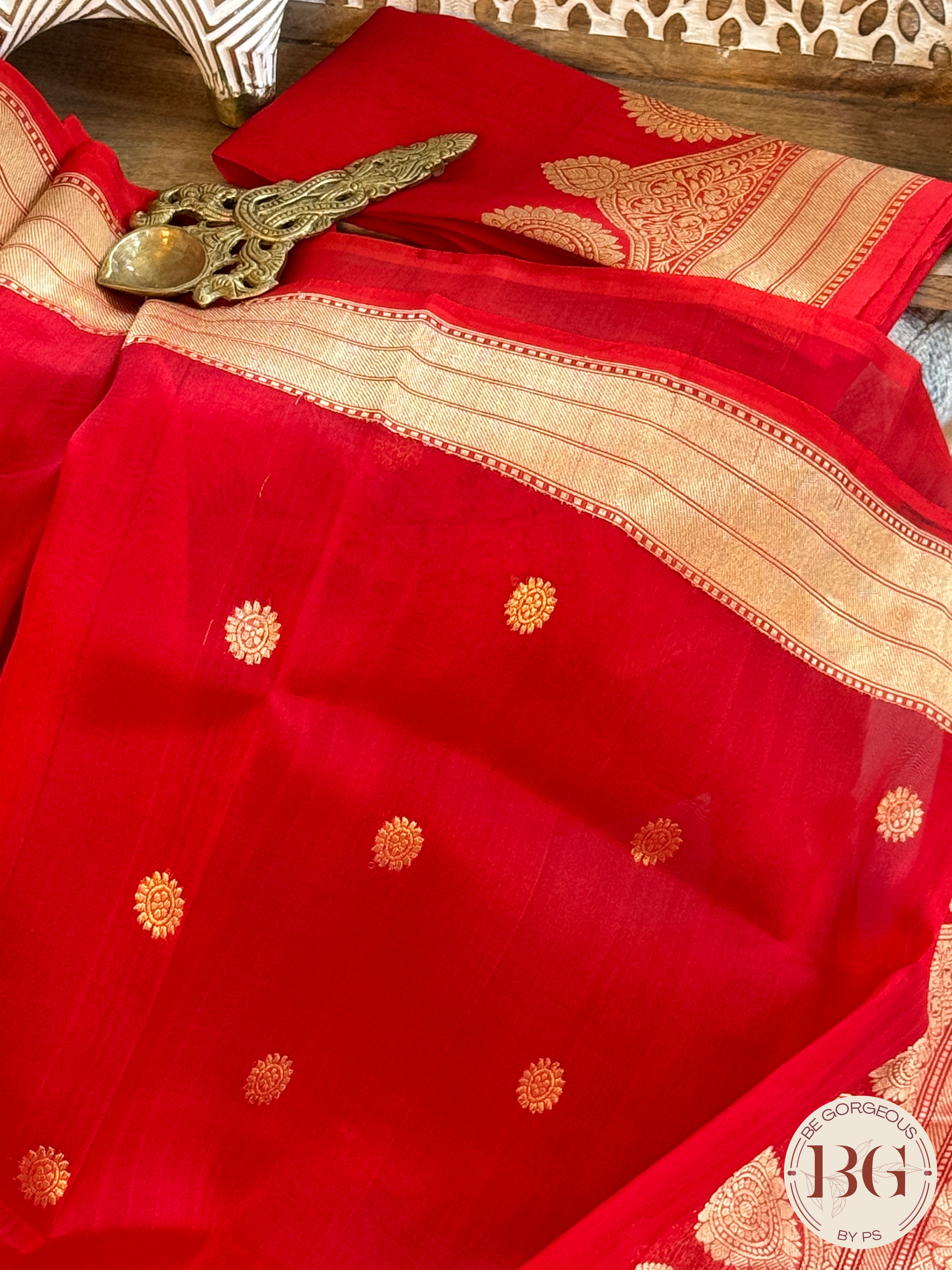 Banarasi Handloom Kora Organza Silk Saree - Silk mark certfied - Red