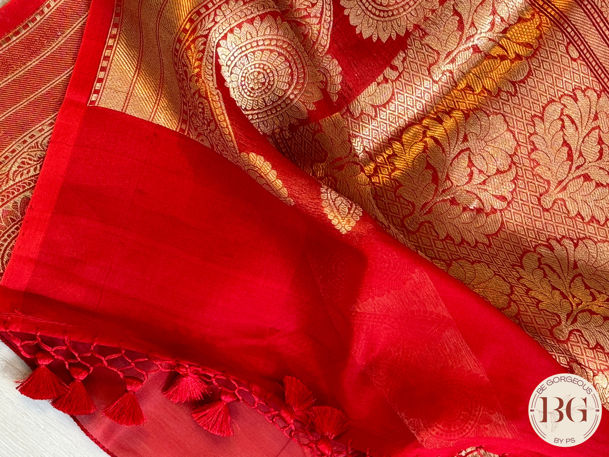 Banarasi Handloom Kora Organza Silk Saree - Silk mark certfied - Red