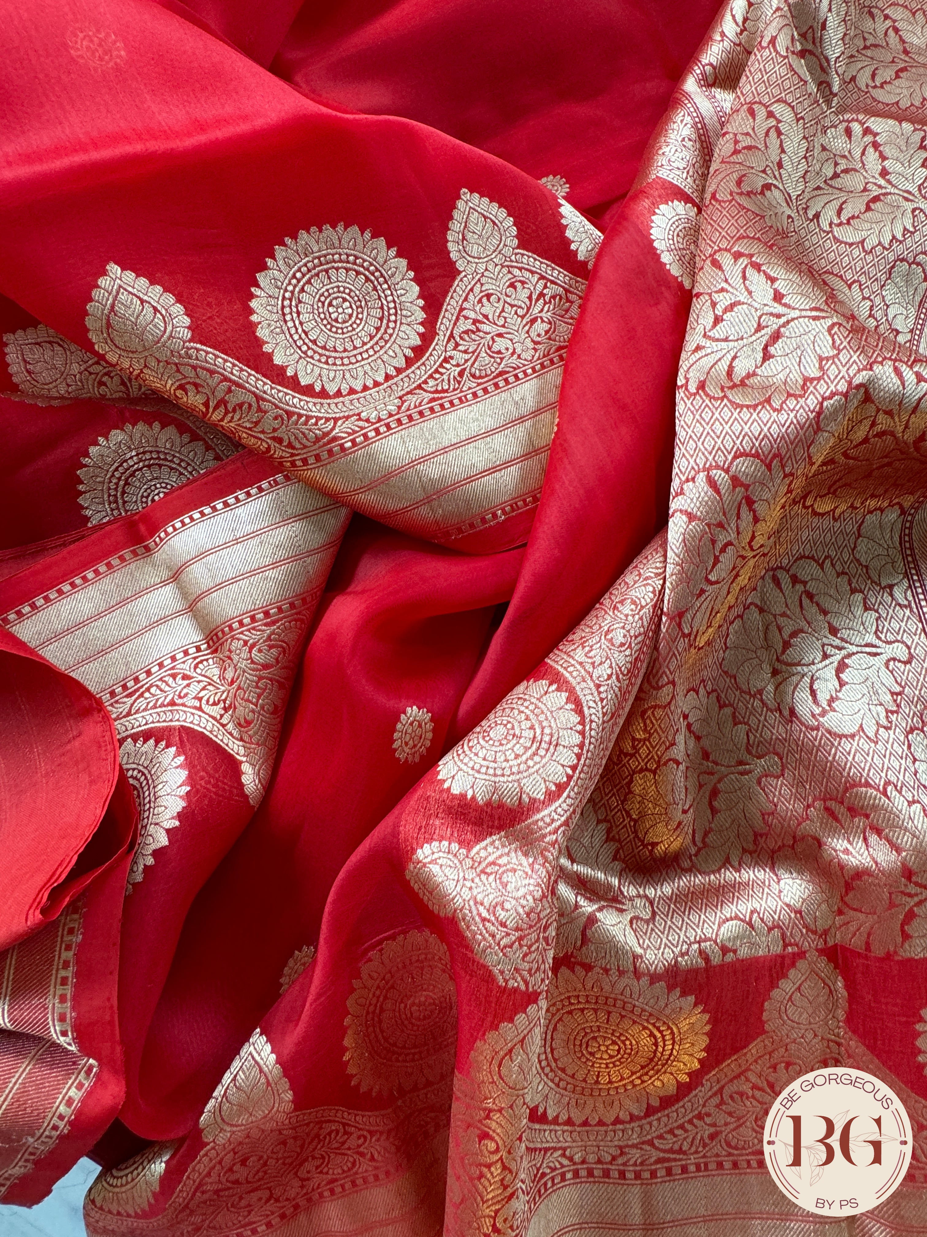 Banarasi Handloom Kora Organza Silk Saree - Silk mark certfied - Red