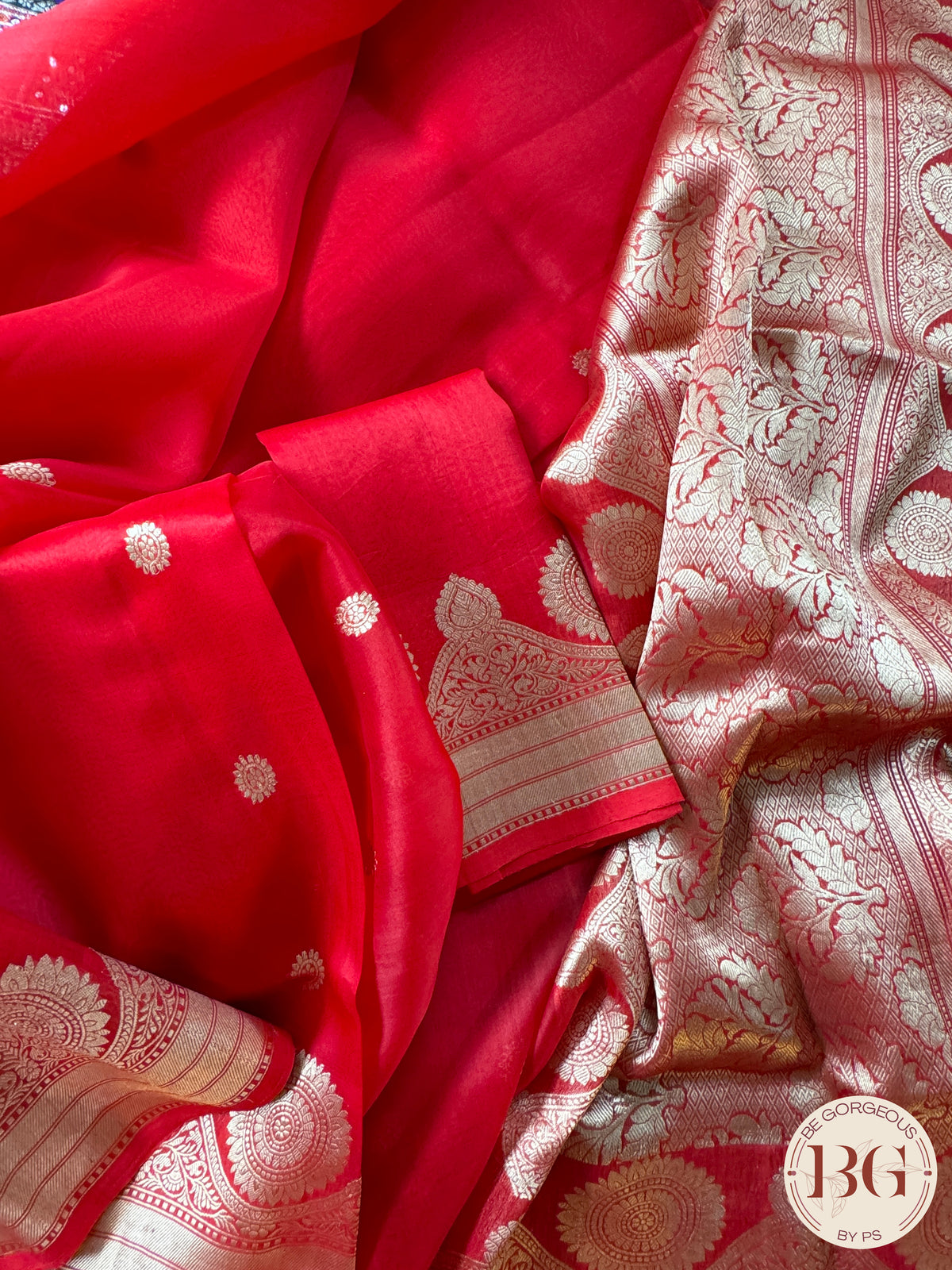 Banarasi Handloom Kora Organza Silk Saree - Silk mark certfied - Red