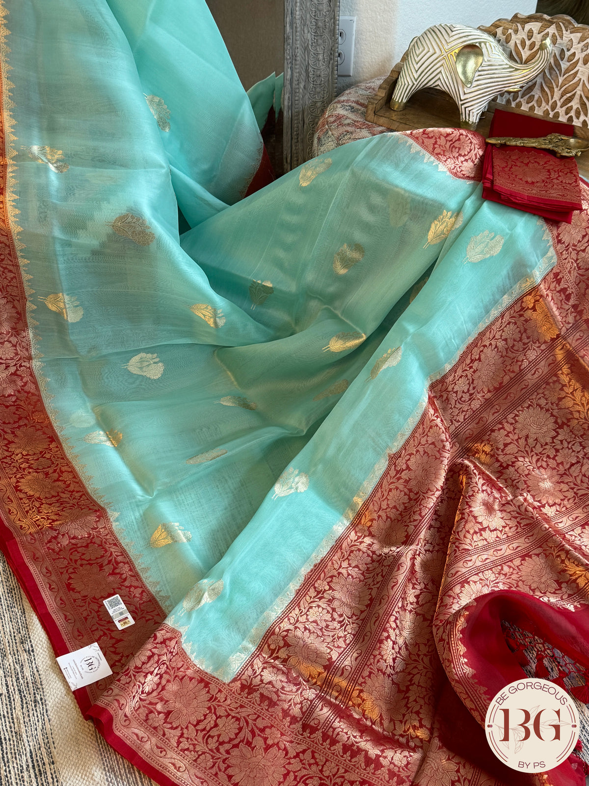 Banarasi Handloom Kora Organza Silk Saree - Silk mark certfied - Green Blue