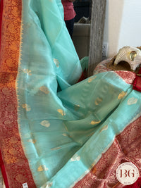 Banarasi Handloom Kora Organza Silk Saree - Silk mark certfied - Green Blue