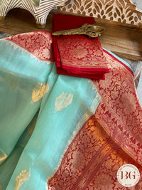 Banarasi Handloom Kora Organza Silk Saree - Silk mark certfied - Green Blue