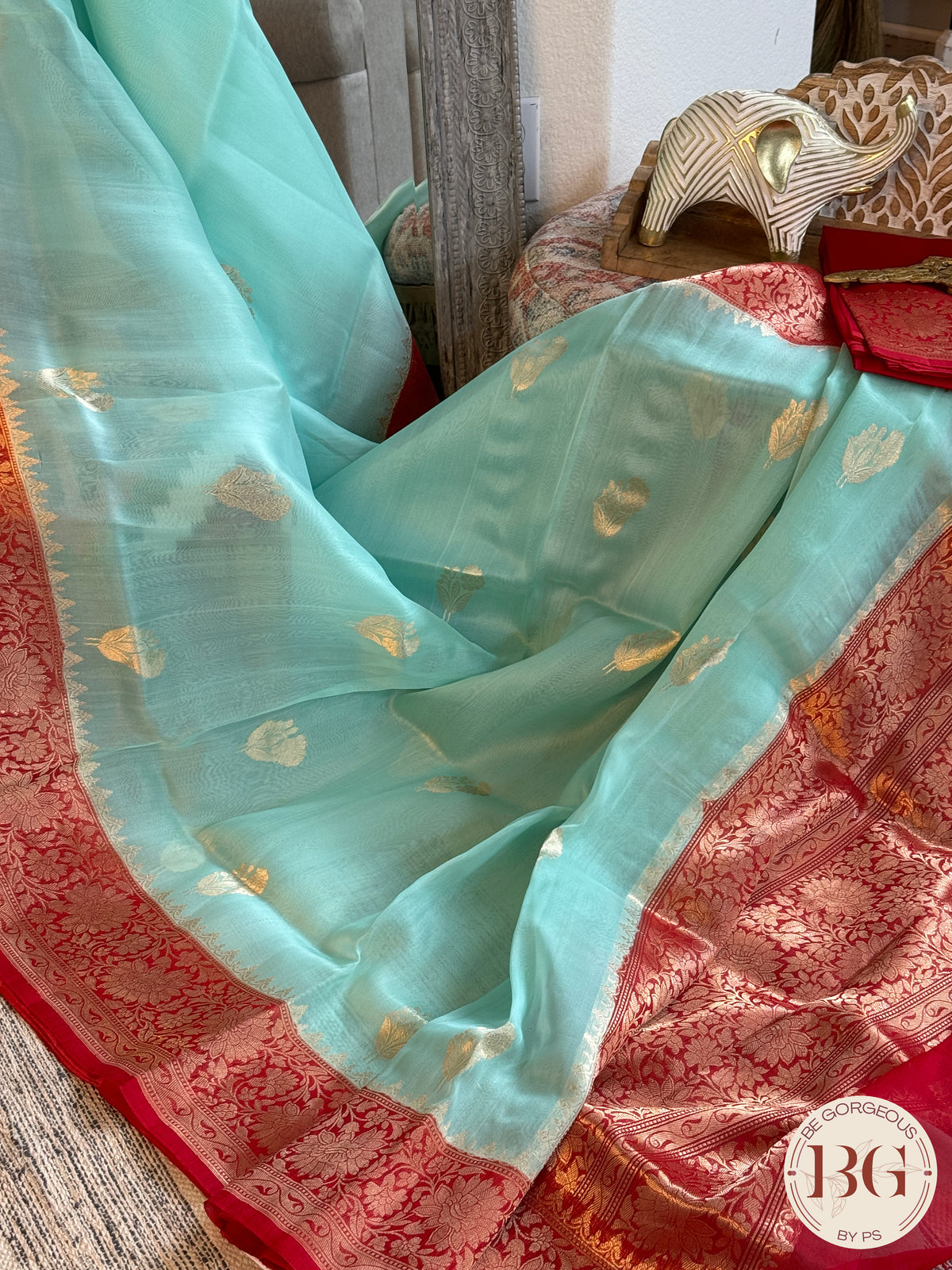 Banarasi Handloom Kora Organza Silk Saree - Silk mark certfied - Green Blue