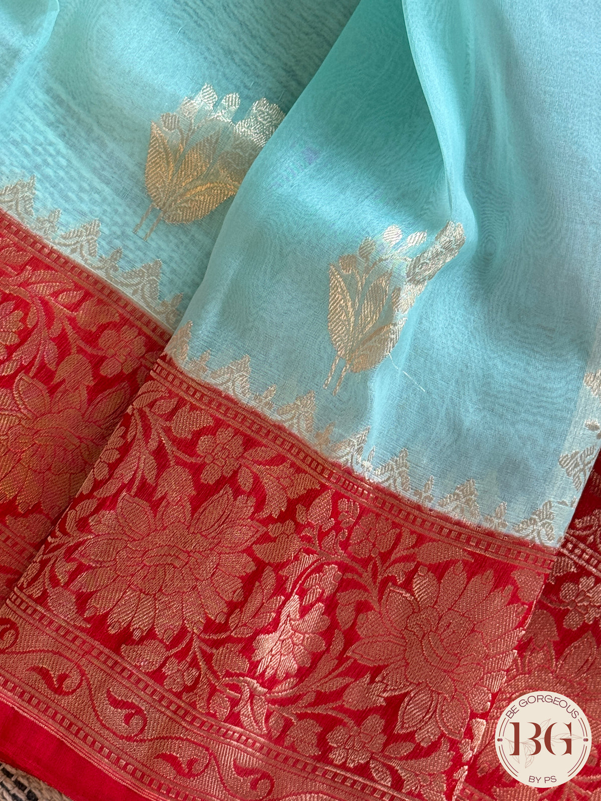 Banarasi Handloom Kora Organza Silk Saree - Silk mark certfied - Green Blue