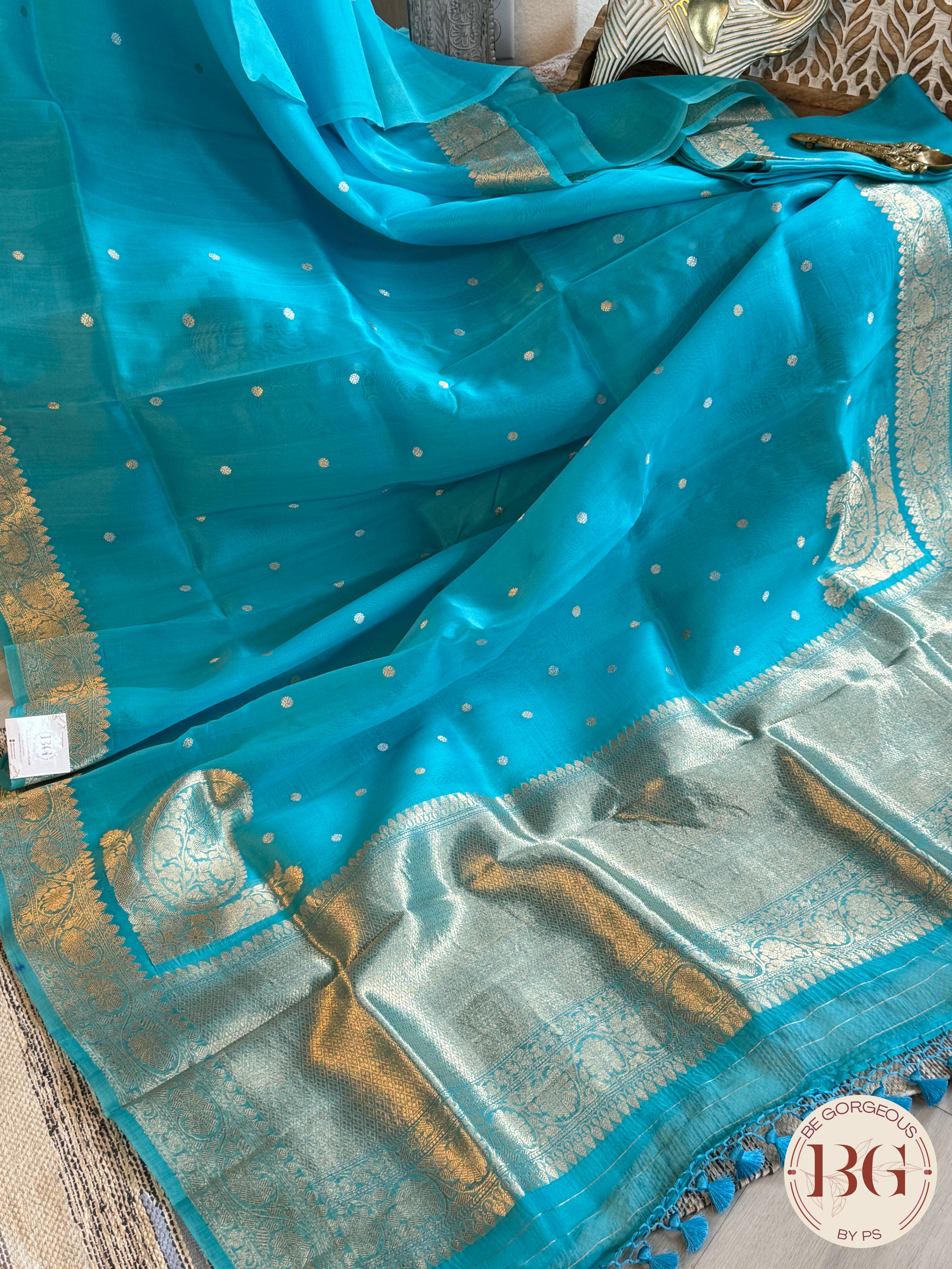 Banarasi Handloom Kora Organza Silk Saree - Silk mark certfied - Blue