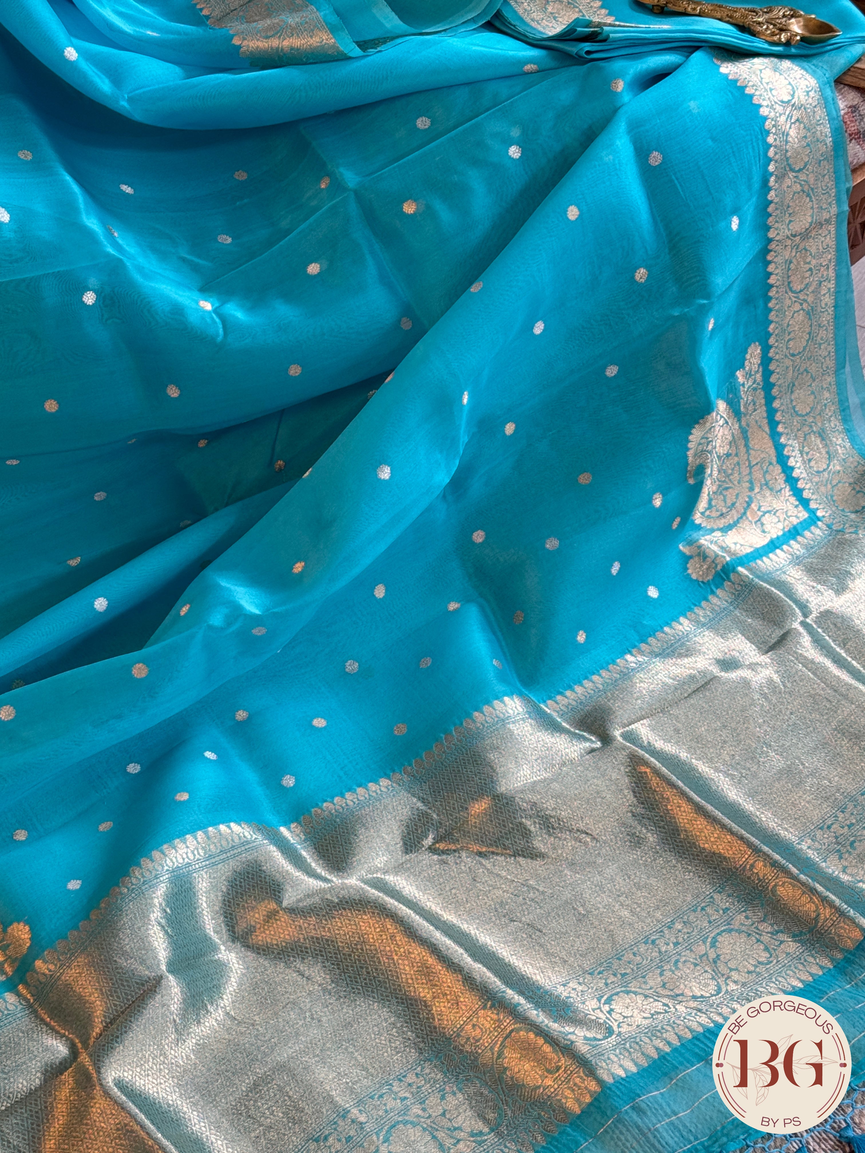 Banarasi Handloom Kora Organza Silk Saree - Silk mark certfied - Blue