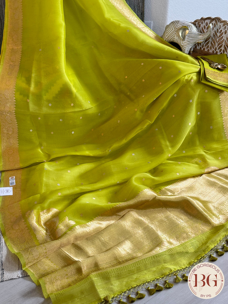 Banarasi Handloom Kora Organza Silk Saree - Silk mark certfied - Green