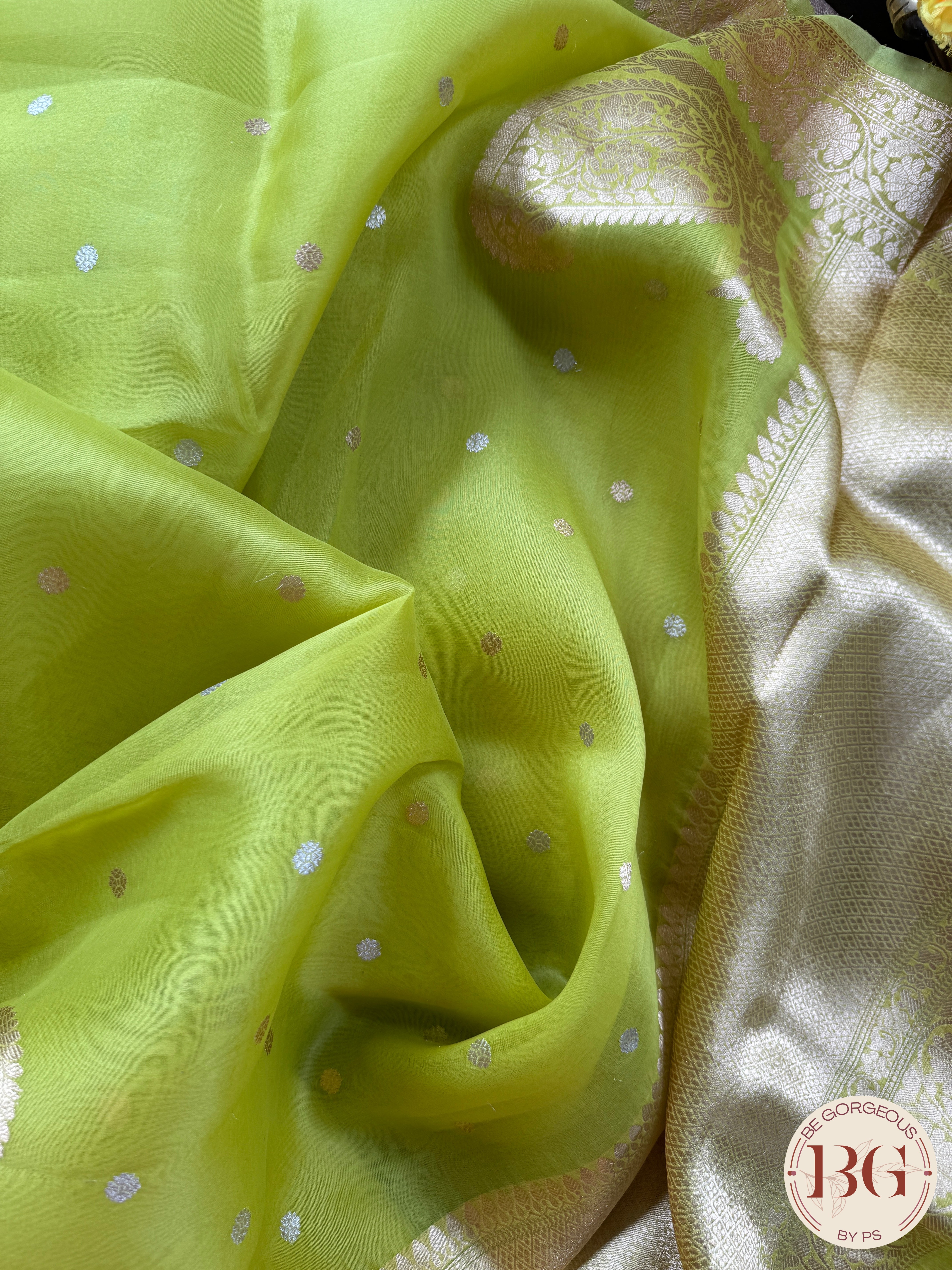 Banarasi Handloom Kora Organza Silk Saree - Silk mark certfied - Green