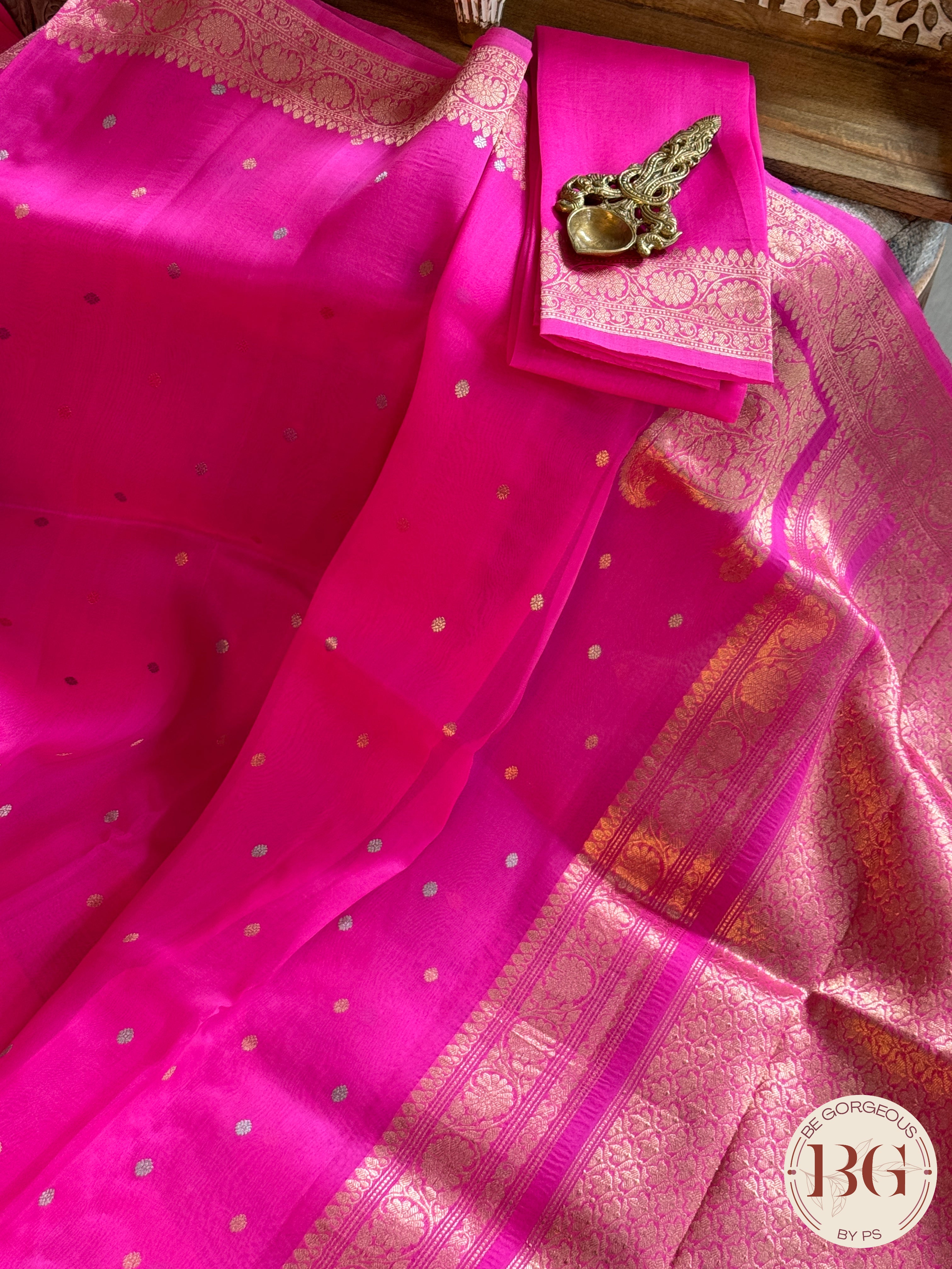 Banarasi Handloom Kora Organza Silk Saree - Silk mark certfied - Pink