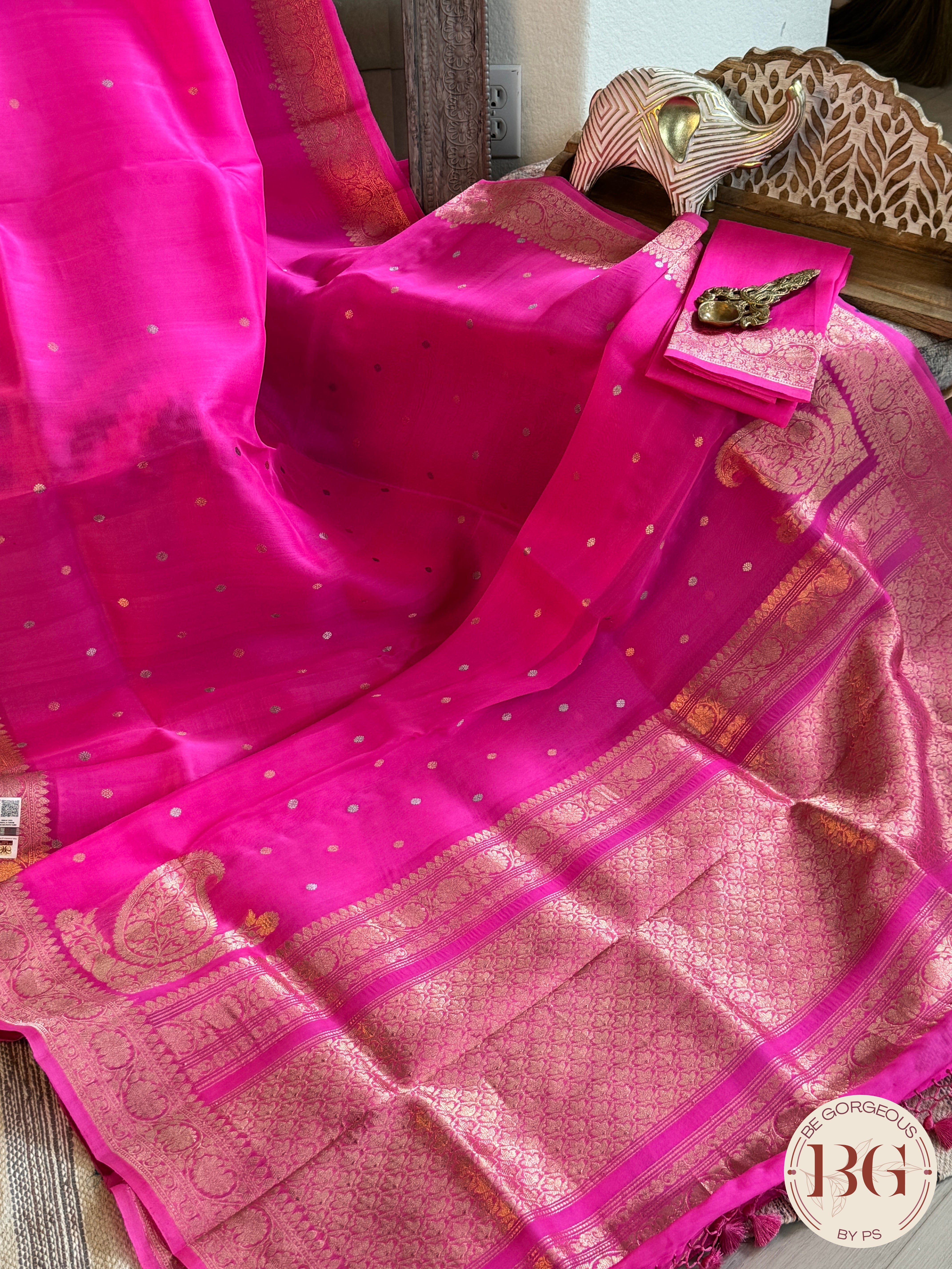 Banarasi Handloom Kora Organza Silk Saree - Silk mark certfied - Pink