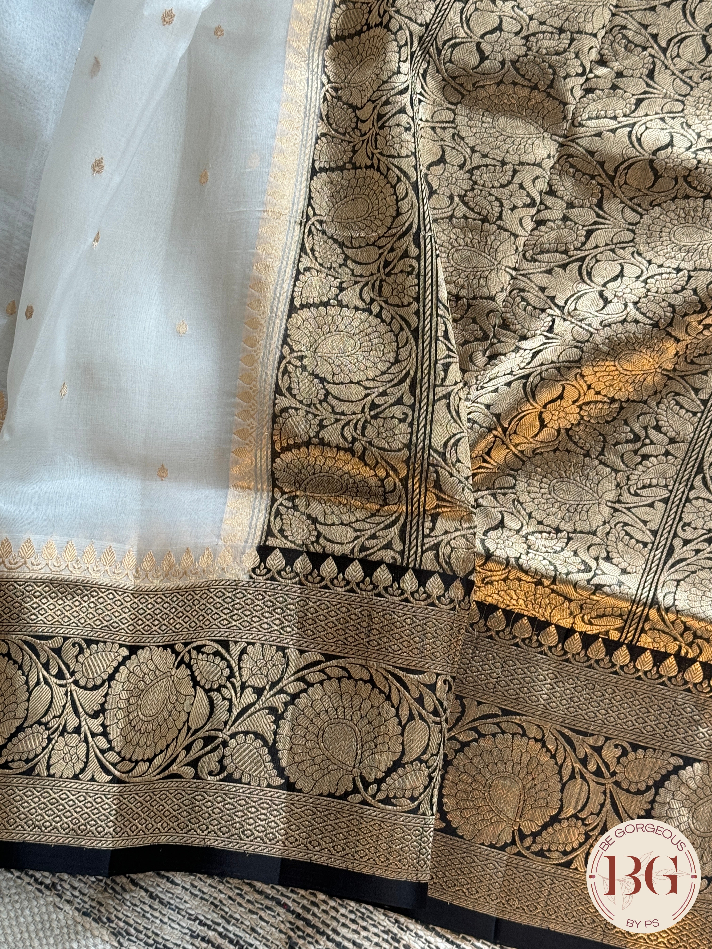 Banarasi Handloom Kora Organza Silk Saree - Silk mark certfied - cream