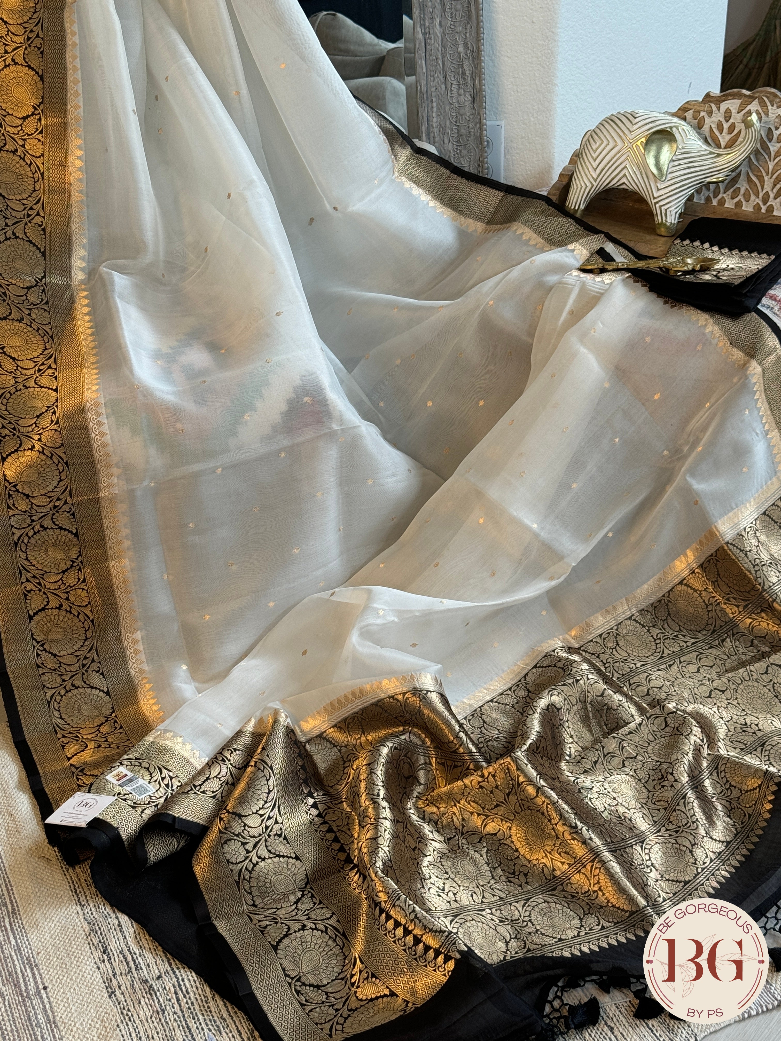 Banarasi Handloom Kora Organza Silk Saree - Silk mark certfied - cream