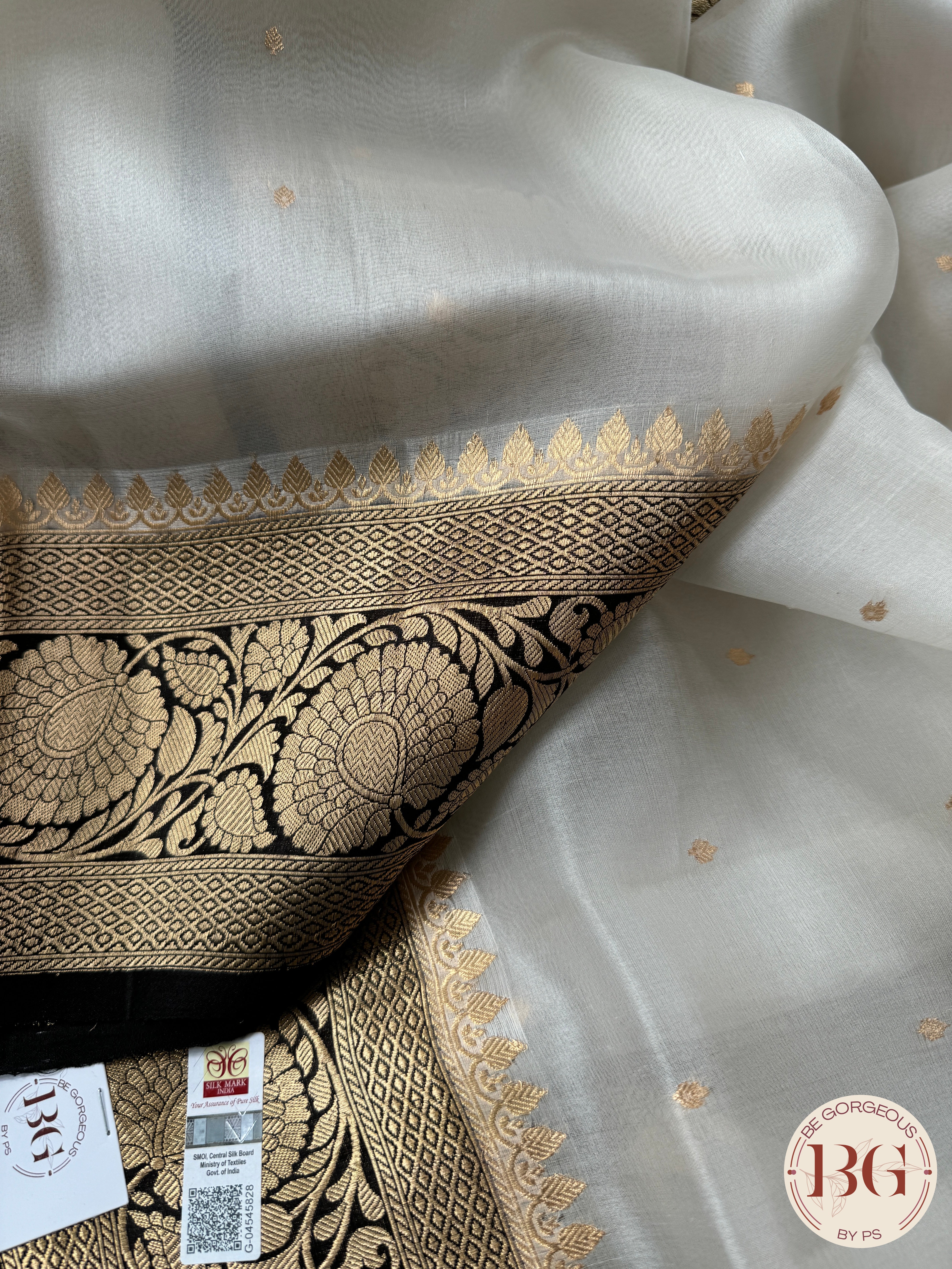 Banarasi Handloom Kora Organza Silk Saree - Silk mark certfied - cream