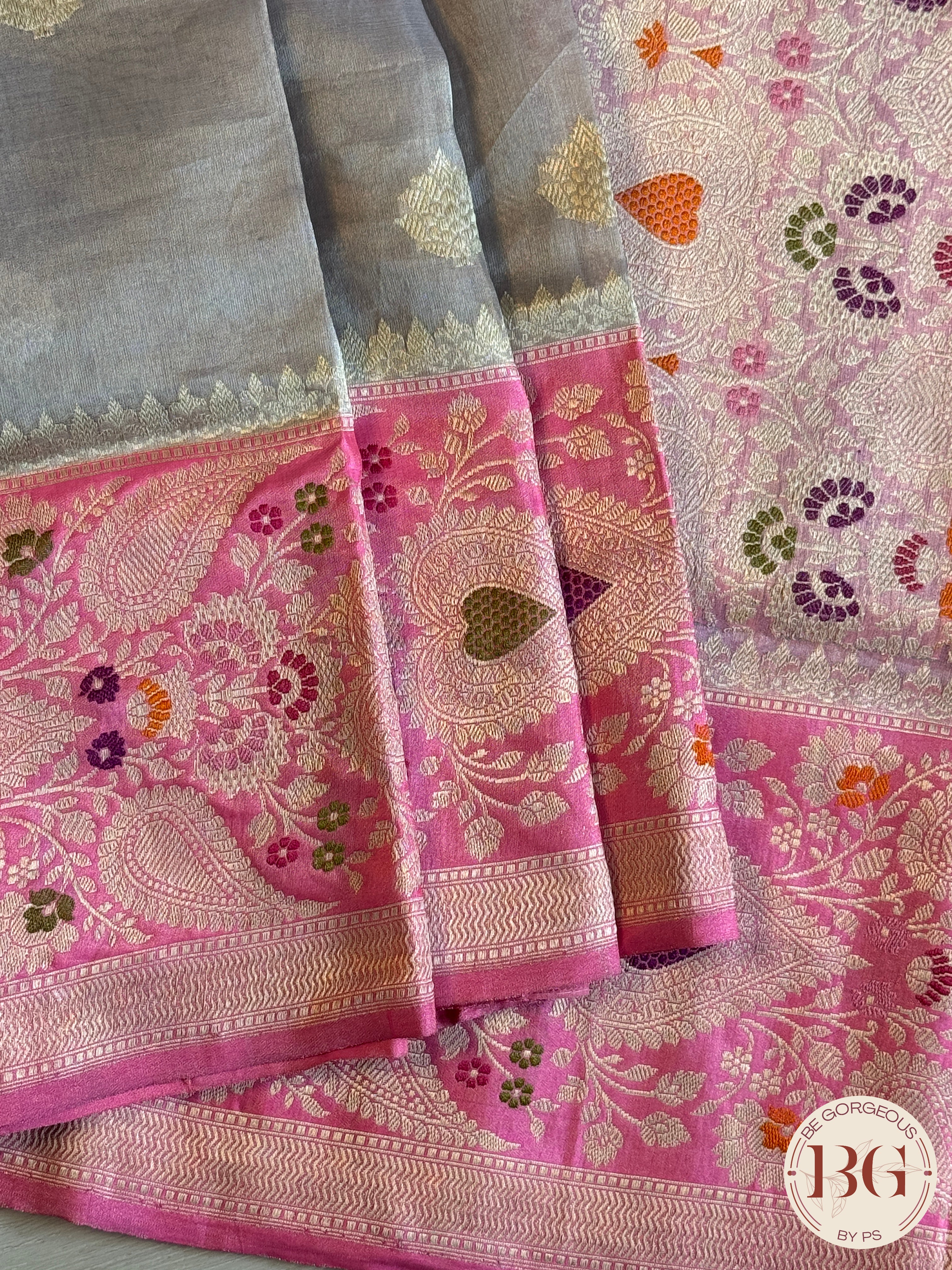 Banarasi Tissue silk mark certified saree with lace - Grey pink