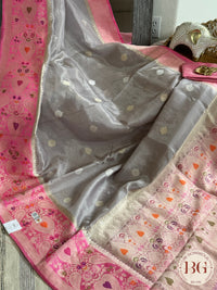 Banarasi Tissue silk mark certified saree with lace - Grey pink