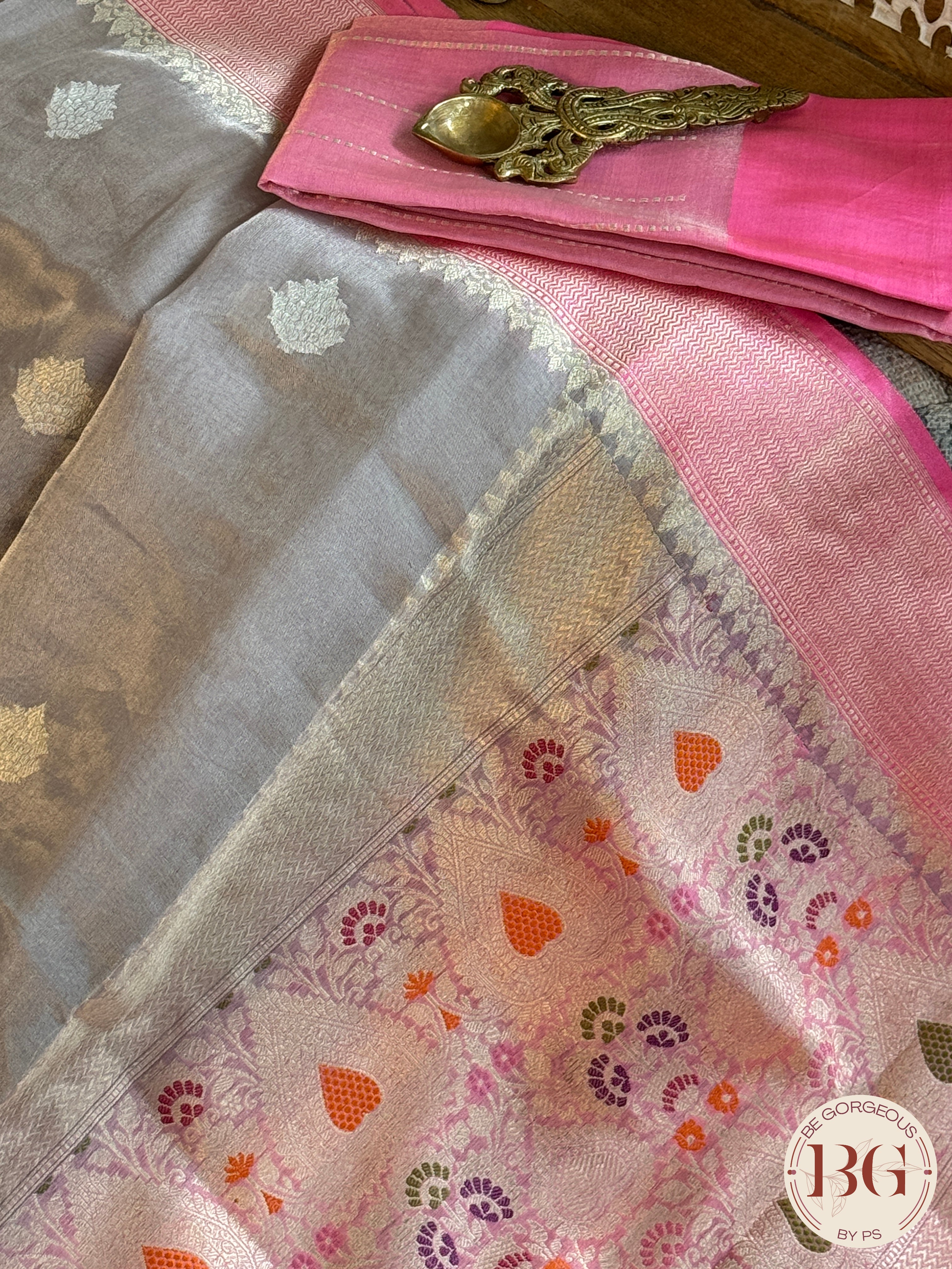 Banarasi Tissue silk mark certified saree with lace - Grey pink