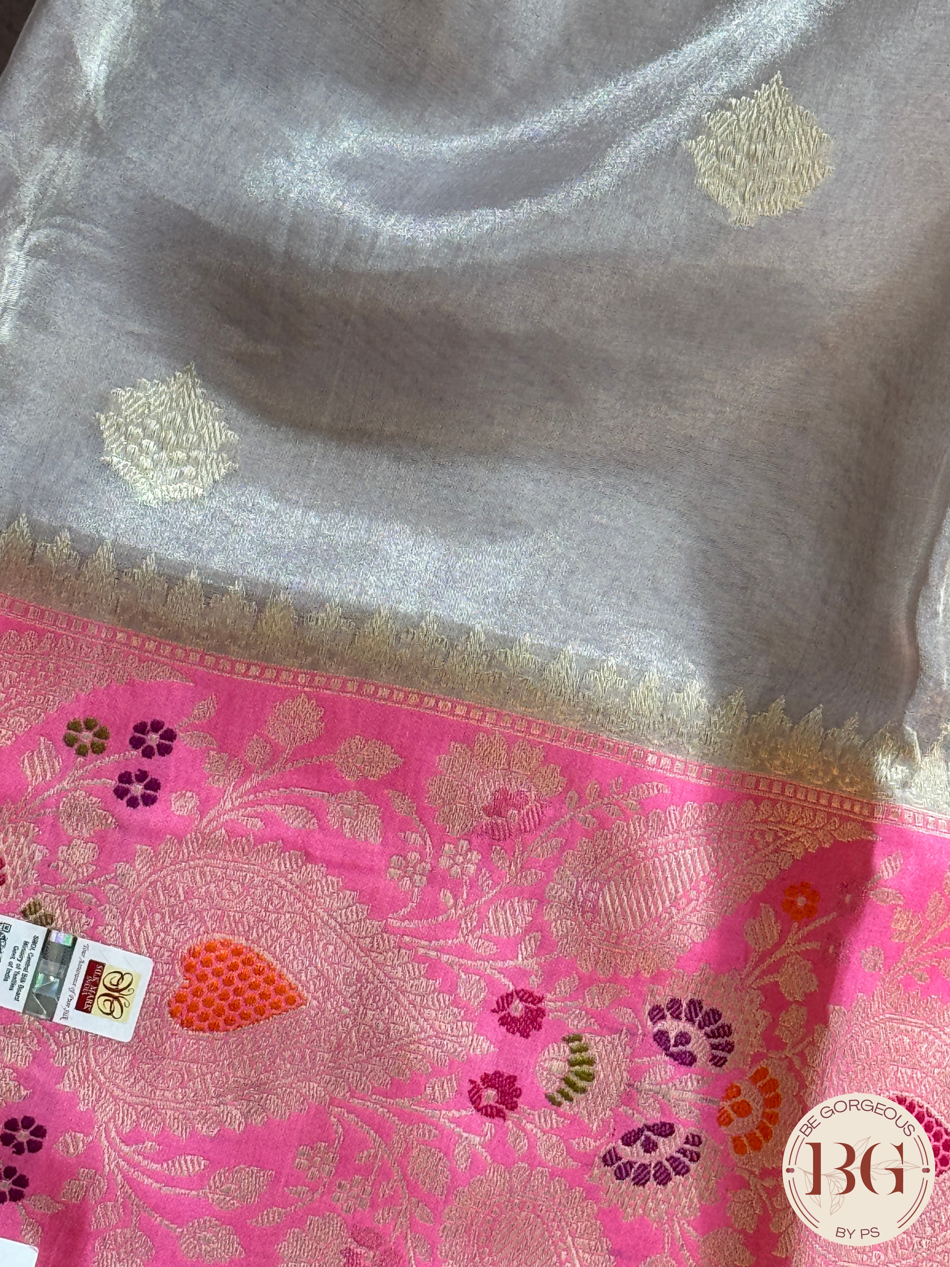 Banarasi Tissue silk mark certified saree with lace - Grey pink