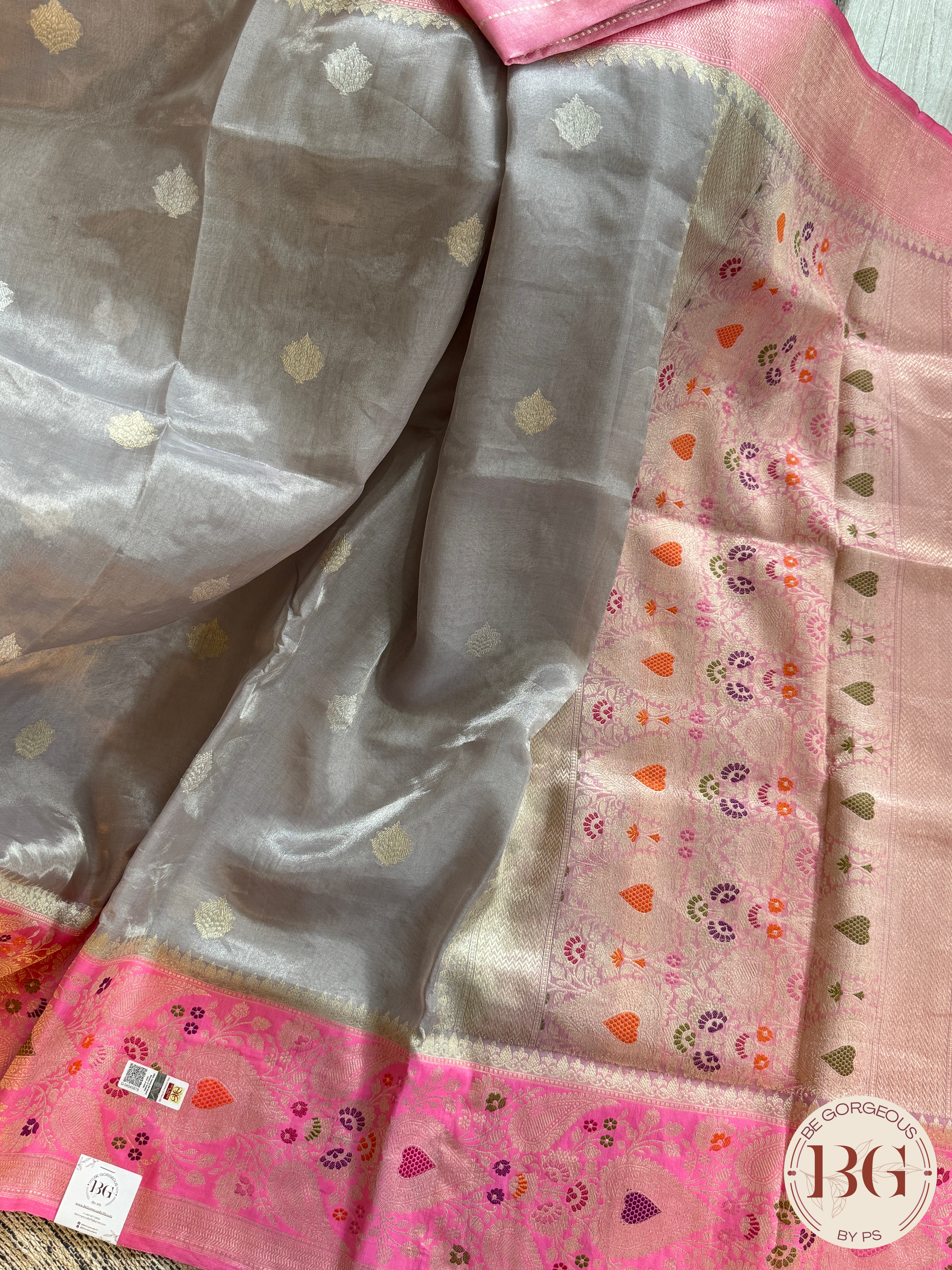 Banarasi Tissue silk mark certified saree with lace - Grey pink