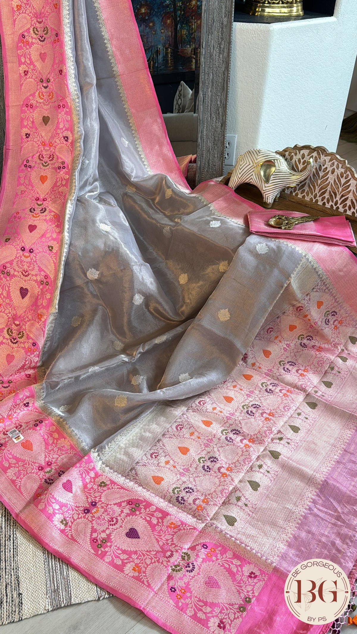 Banarasi Tissue silk mark certified saree with lace - Grey pink