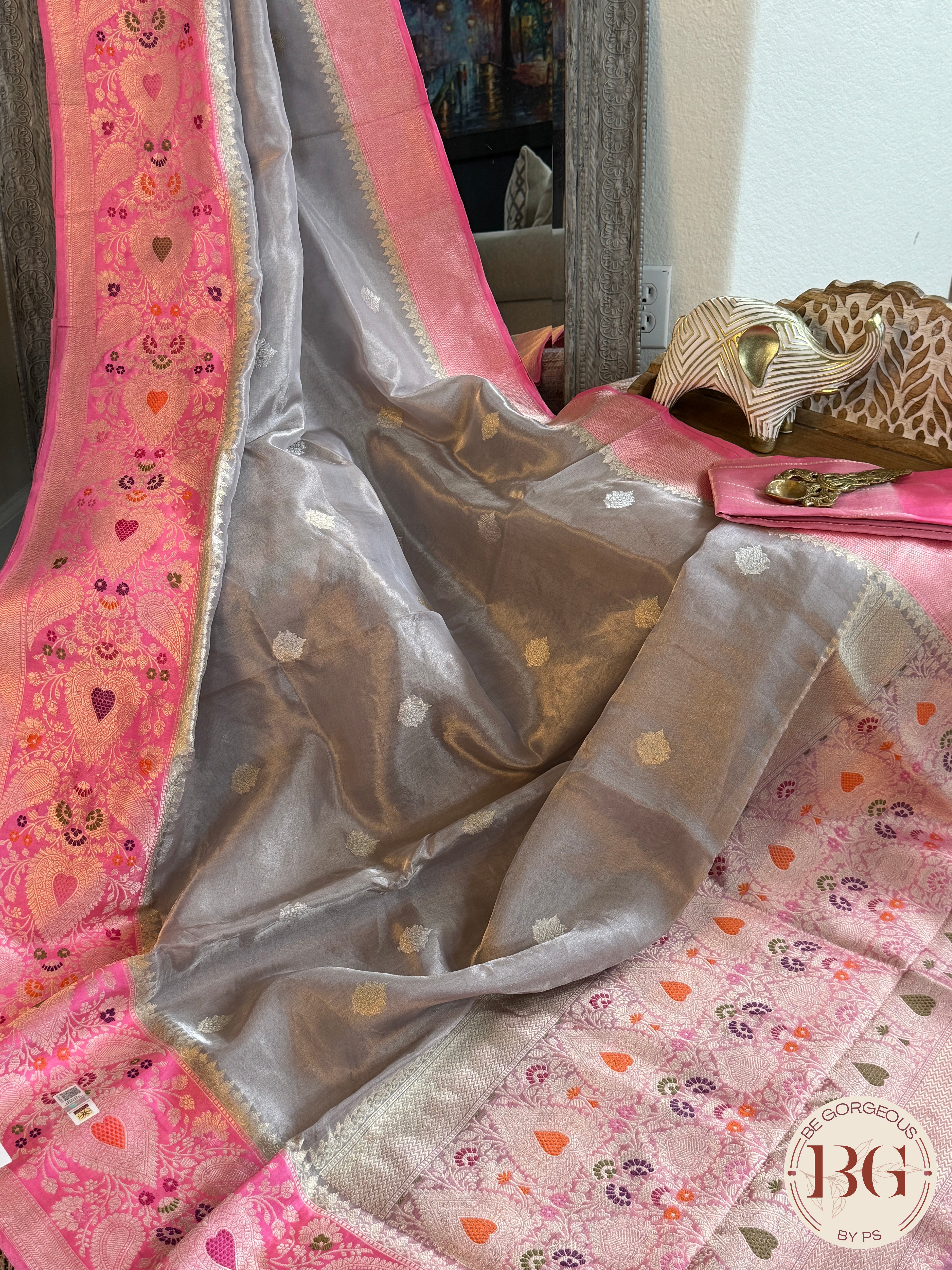 Banarasi Tissue silk mark certified saree with lace - Grey pink