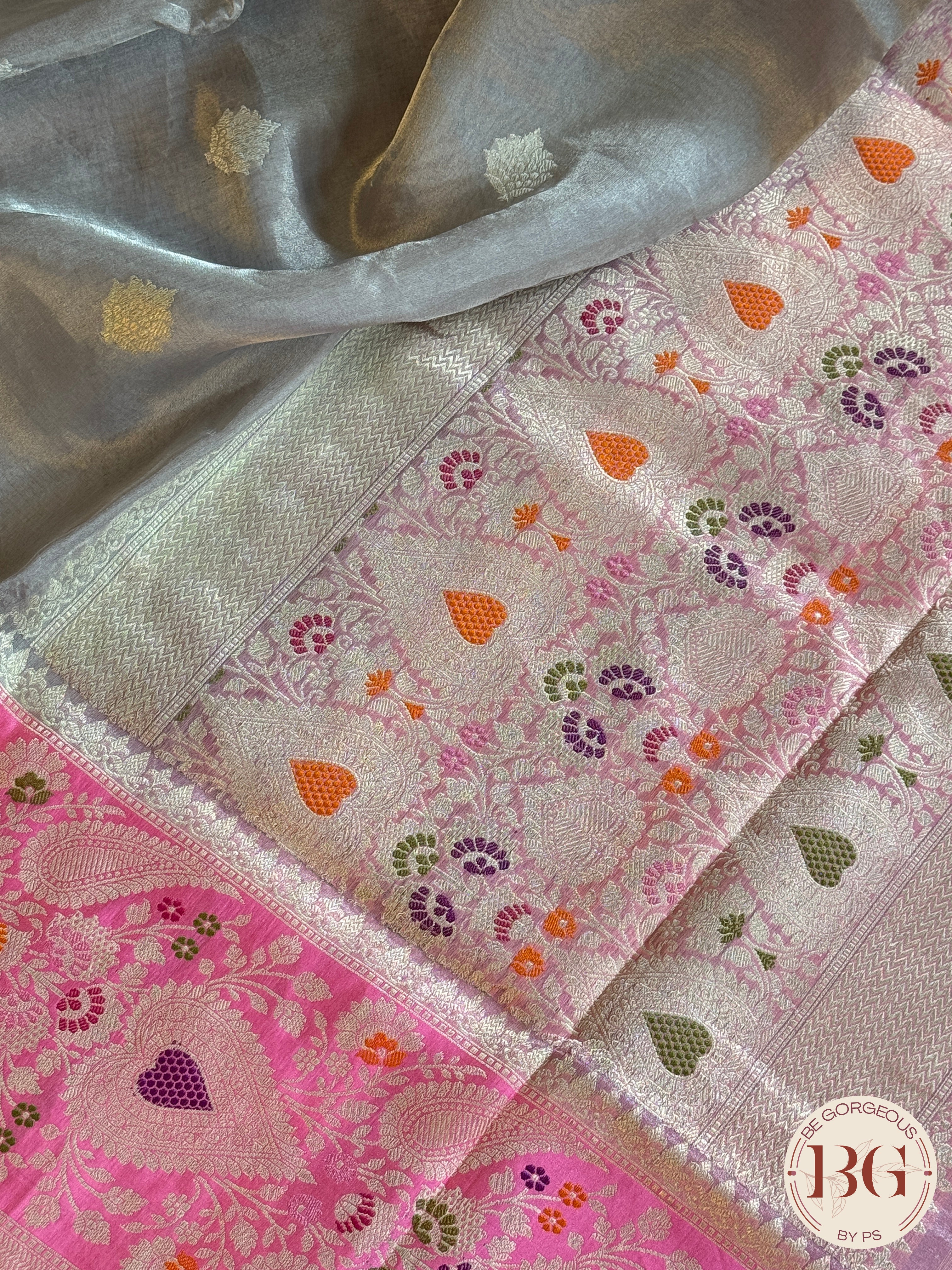 Banarasi Tissue silk mark certified saree with lace - Grey pink