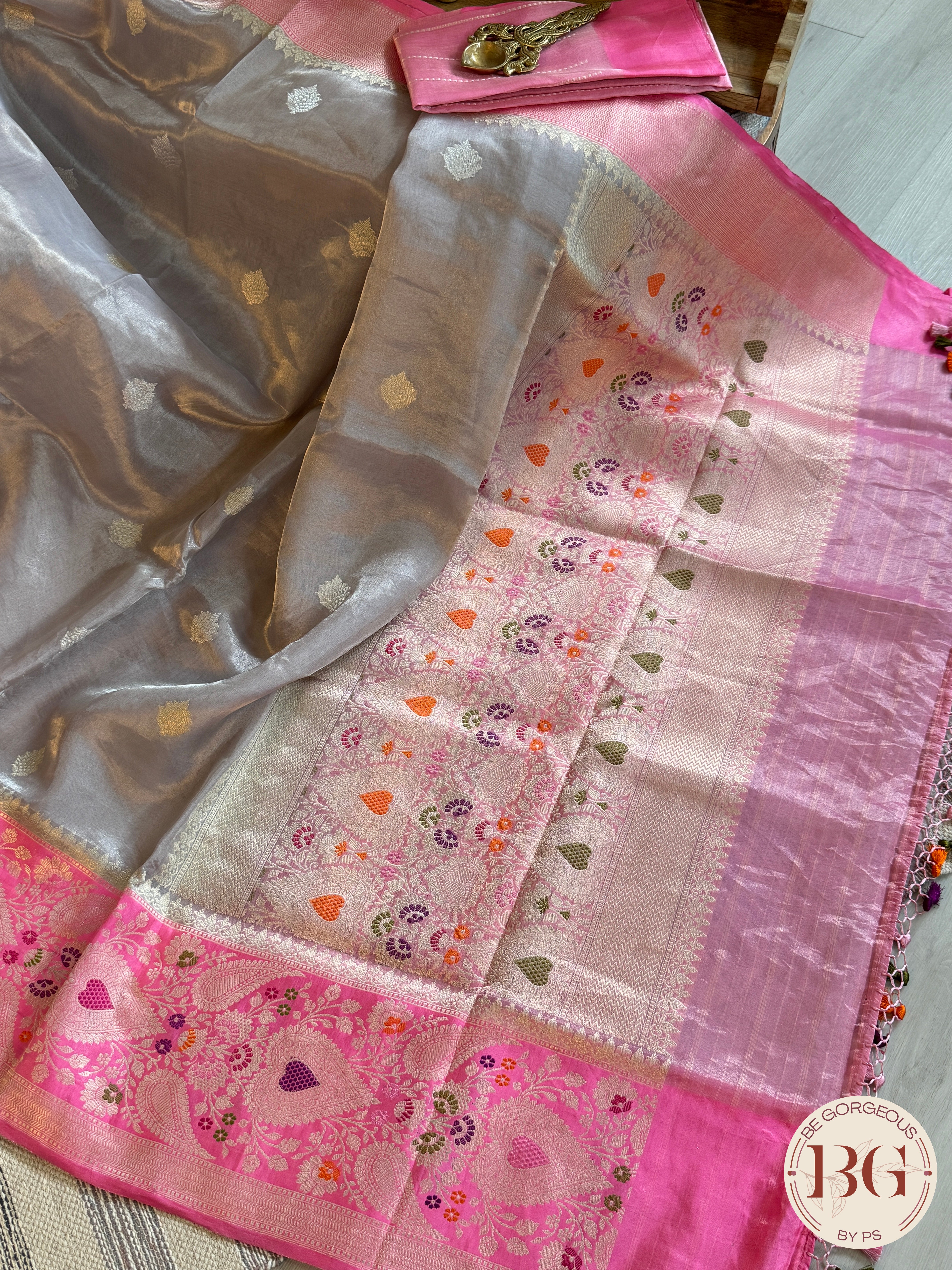 Banarasi Tissue silk mark certified saree with lace - Grey pink