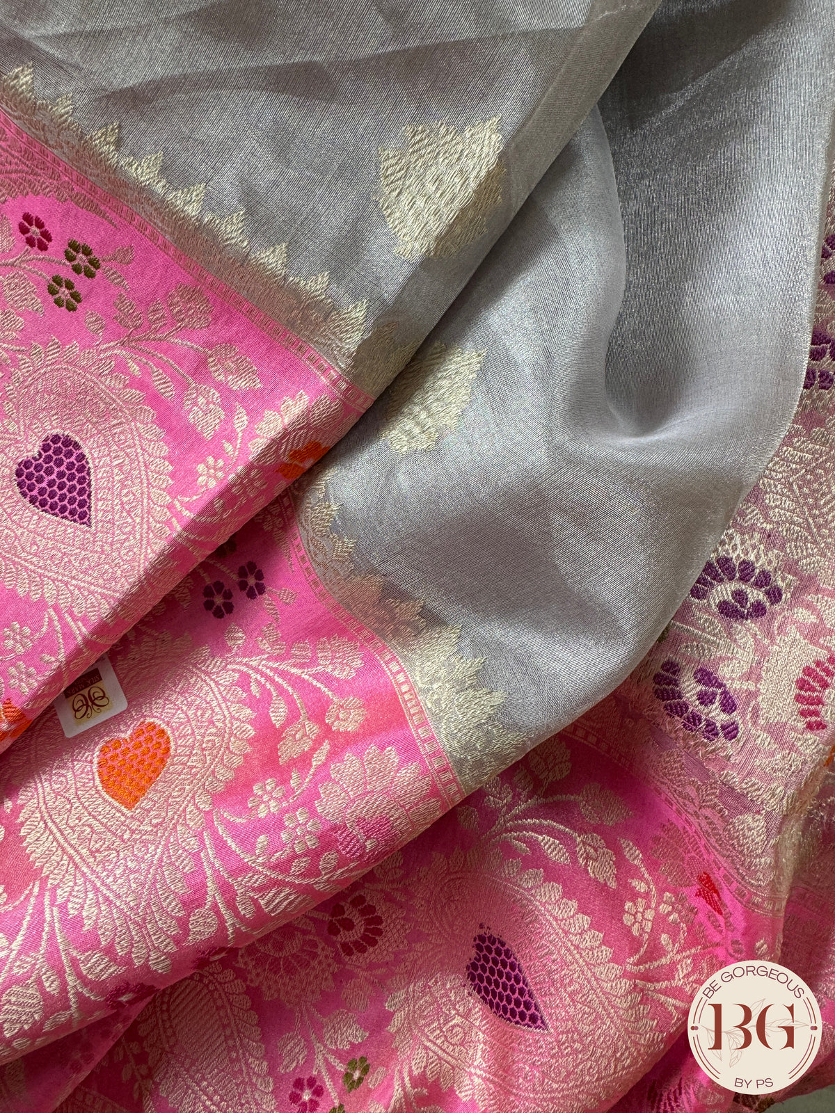 Banarasi Tissue silk mark certified saree with lace - Grey pink