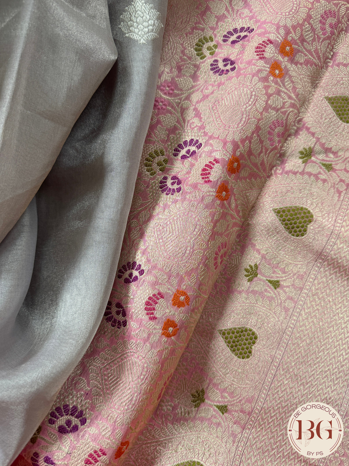 Banarasi Tissue silk mark certified saree with lace - Grey pink